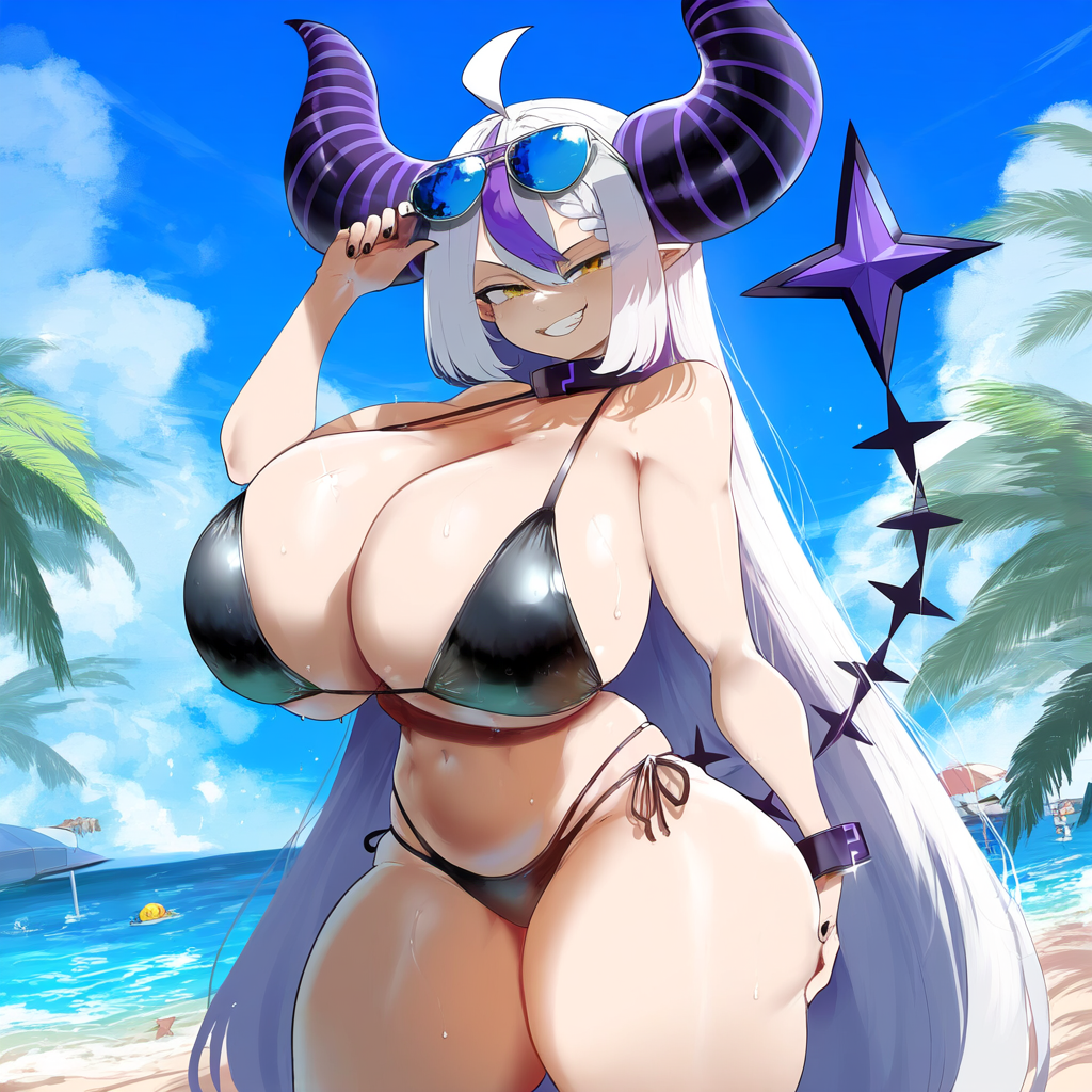 ai_generated alternate_breast_size ameanon beach big_breasts bikini black_bikini breasts cleavage hololive hololive_japan horns huge_breasts hyper la+_darknesss large_breasts oversized_breasts sideboob tail thick_thighs underboob virtual_youtuber vtuber white_hair yellow_eyes