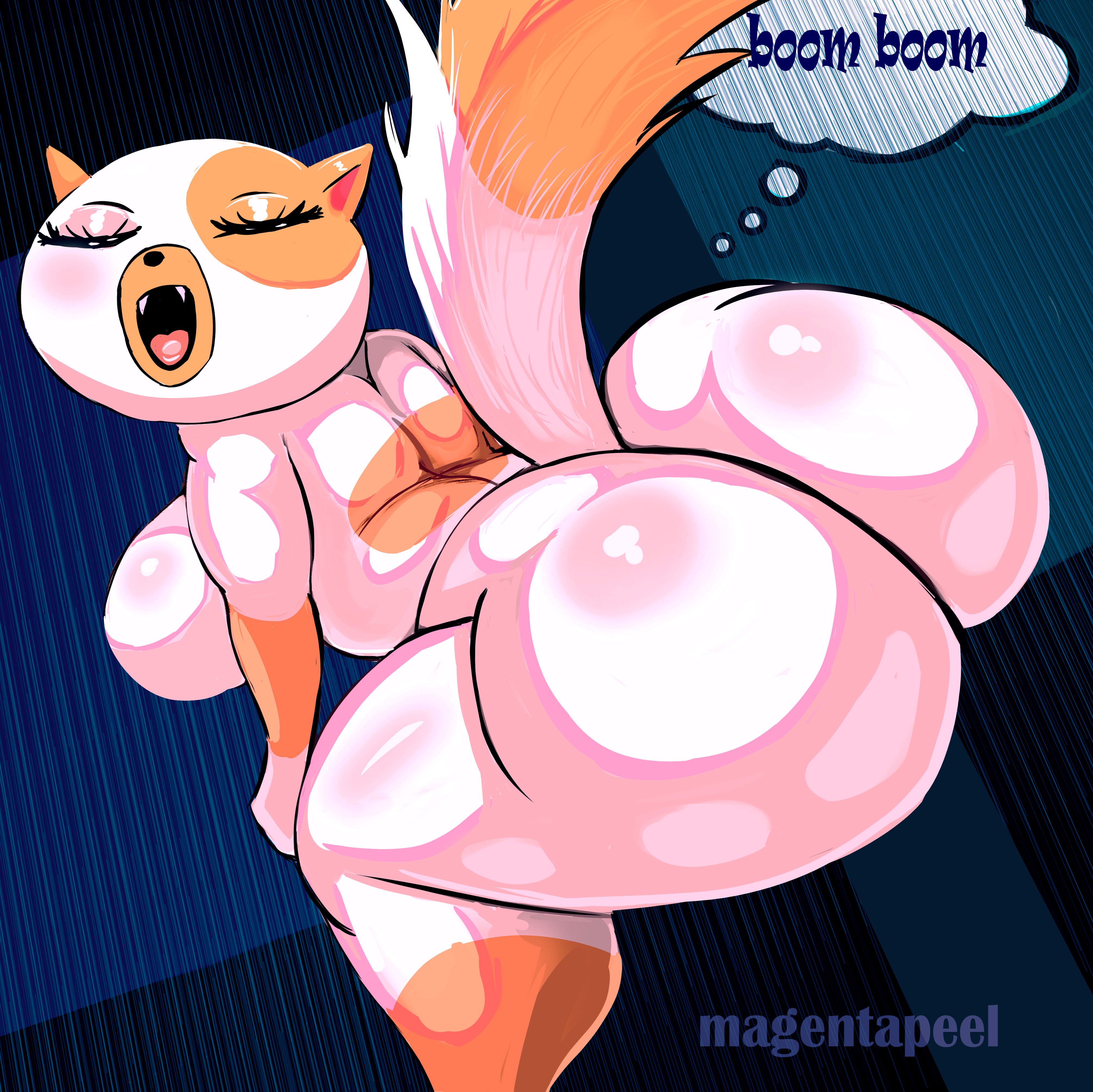abstract background, absurd res, adventure time, anthro, ass, big ass, big butt, breasts, cake the cat, cartoon network, dialogue, dialogue bubble, domestic cat, felid, feline, felis, female, female only, fur, furry, furry only, hi res, huge ass, huge butt, magentapeel, mammal, multicolored body, multicolored fur, not human, sharp teeth, shiny ass, shiny fur, shiny skin, solo, two-tone body, two-tone fur