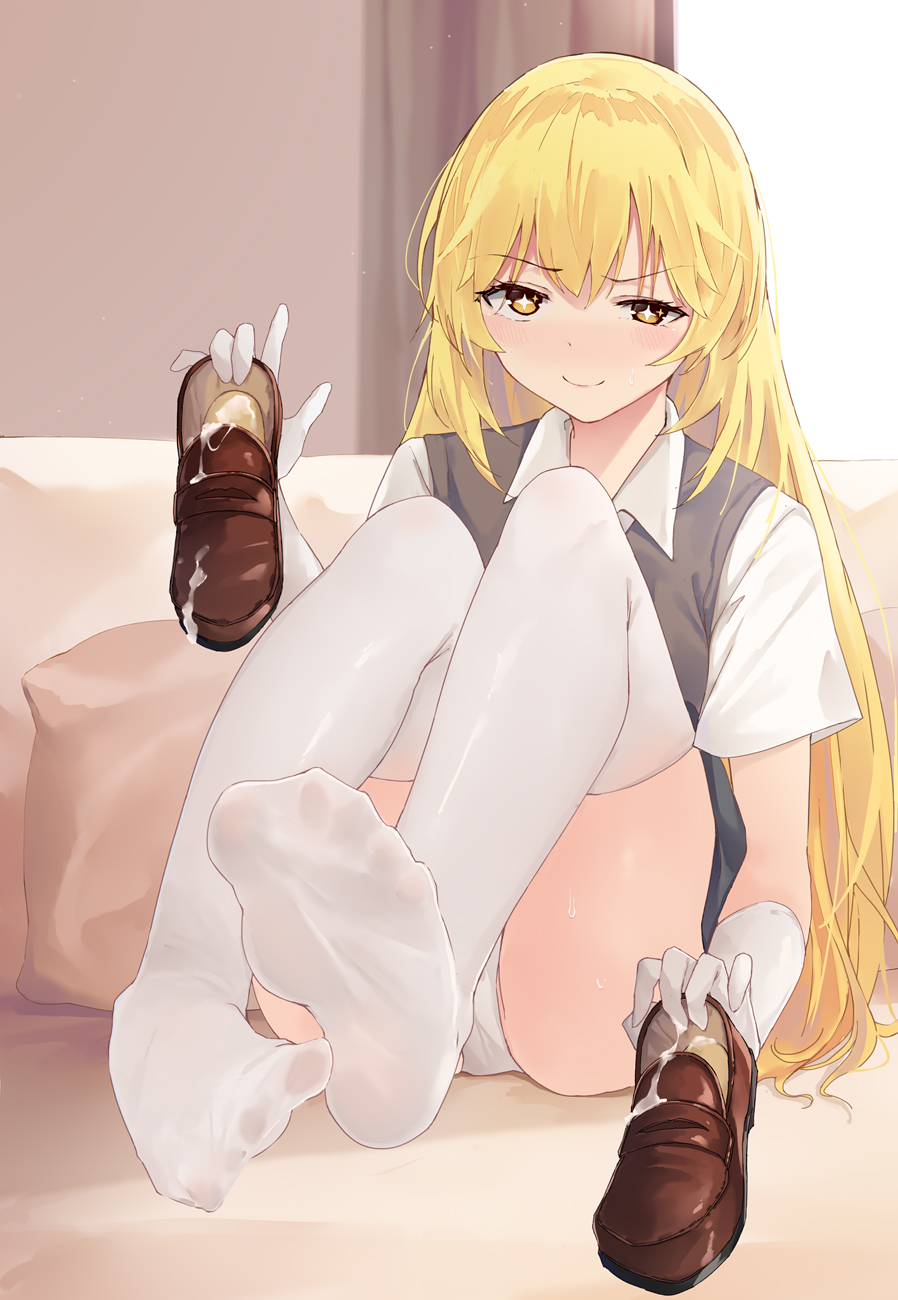 1girls ass bangs bed blonde_hair blush brown_footwear closed_mouth collared_shirt cum cum_in_shoe cum_in_shoes cum_on_clothes curtains elbow_gloves eyebrows_visible_through_hair eyelashes feet female foot_focus footwear_fetish foreshortening gloves grey_vest hand_up highres holding holding_shoes indoors knees_to_chest knees_up kou_futoshi legs legs_together light-skinned_female light_skin loafers long_hair looking_at_viewer no_shoes panties pantyshot school_uniform schoolgirl shiny shiny_clothes shiny_skin shirt shoes shoes_removed shokuhou_misaki sidelocks sitting smile soles solo spread_toes symbol-shaped_pupils teenage_girl teenager thighhighs thighs to_aru_kagaku_no_railgun to_aru_majutsu_no_index toes tokiwadai_school_uniform underwear unusual_pupils vest white_gloves white_legwear white_panties white_shirt window young