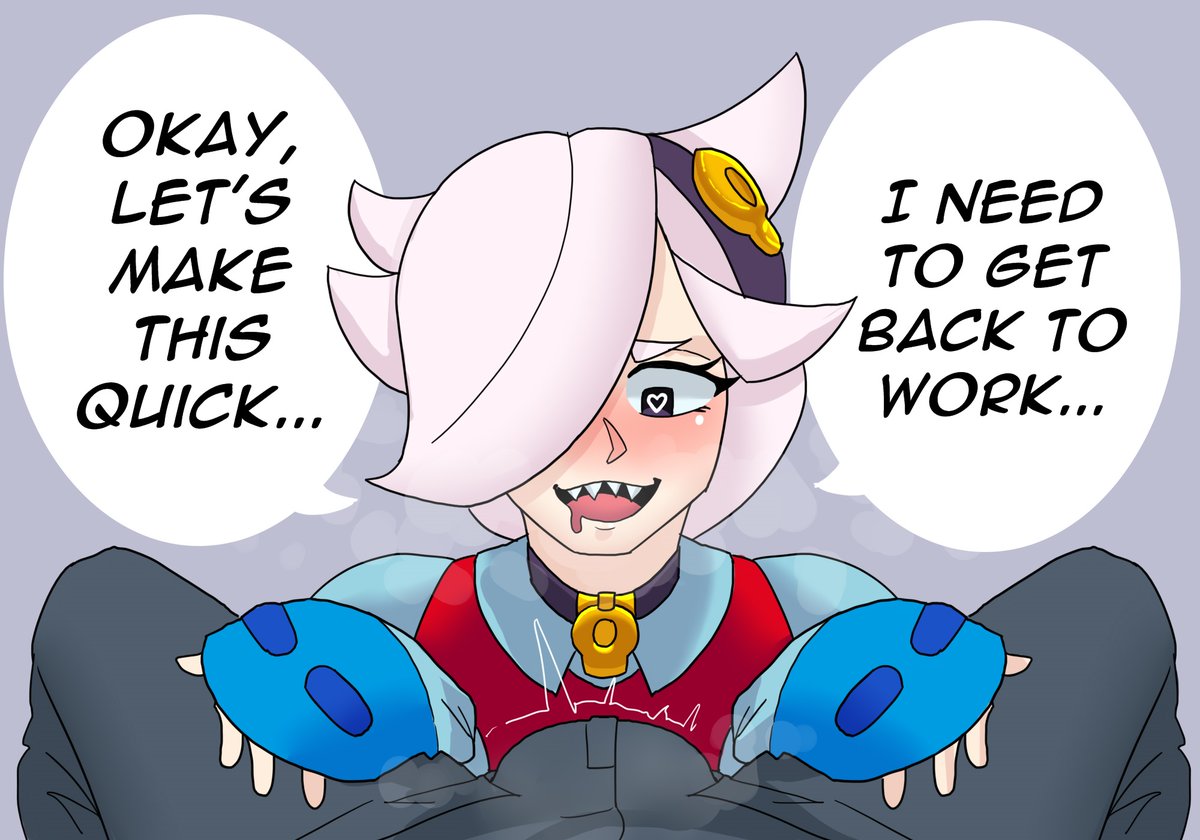 brawl stars, colette (brawl stars), dialogue, english text, female, hair over one eye, heart-shaped pupils, sharp teeth, tagme, vel ge, white hair