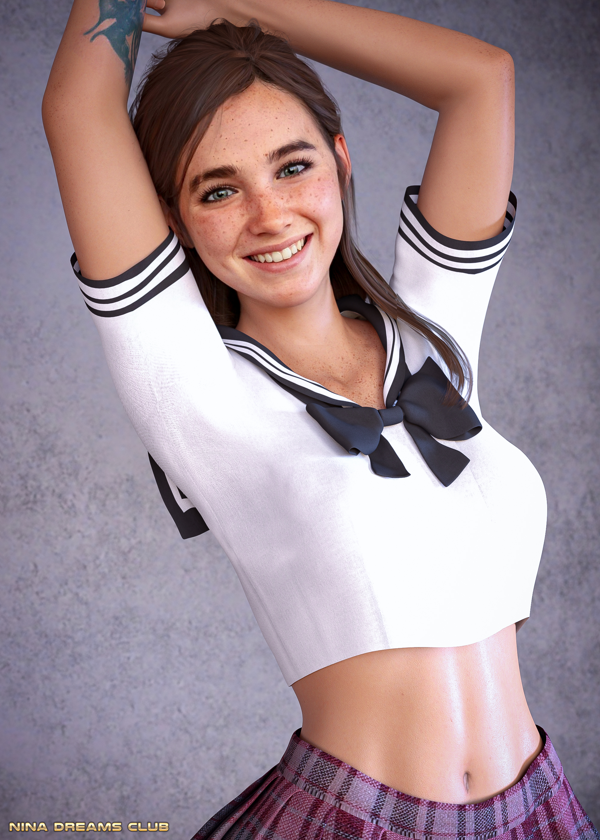 1girls, 3d, athletic, athletic female, bare midriff, breasts, brown hair, busty, ellie (the last of us), ellie williams, female, female only, freckles, fully clothed, grin, hourglass figure, human, long hair, looking at viewer, navel, nina3dx, realistic, school uniform, skirt, smile, solo, tagme, tattoo, the last of us, the last of us 2, wide hips