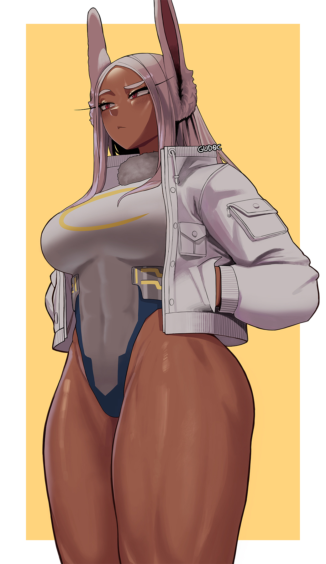 1girls animal_ears big_breasts border breasts bunny_ears cropped_legs dark-skinned_female dark_skin drip female fully_clothed gud0c hands_in_pockets jacket leotard long_hair miruko muscular_female my_hero_academia rabbit_ears red_eyes rumi_usagiyama solo thick_thighs thighs_together white_hair