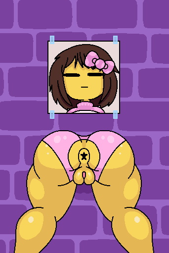 anus ass bikini bikini_bottom bow brown_hair fapwall frisk glory_hole shy_jaz through_wall undertale undertale_(series) yellow_body