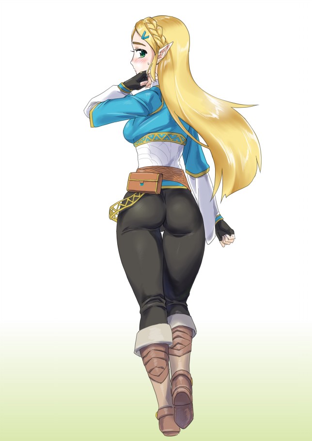 1girls ass back_view bag blonde_hair blush boots braid braided_hair breasts breath_of_the_wild green_eyes legs long_hair looking_at_viewer monbetsu_kuniharu nintendo pants pouch princess_zelda solo sweat the_legend_of_zelda thigh_gap thighs tight_clothing tight_pants zelda_(breath_of_the_wild)