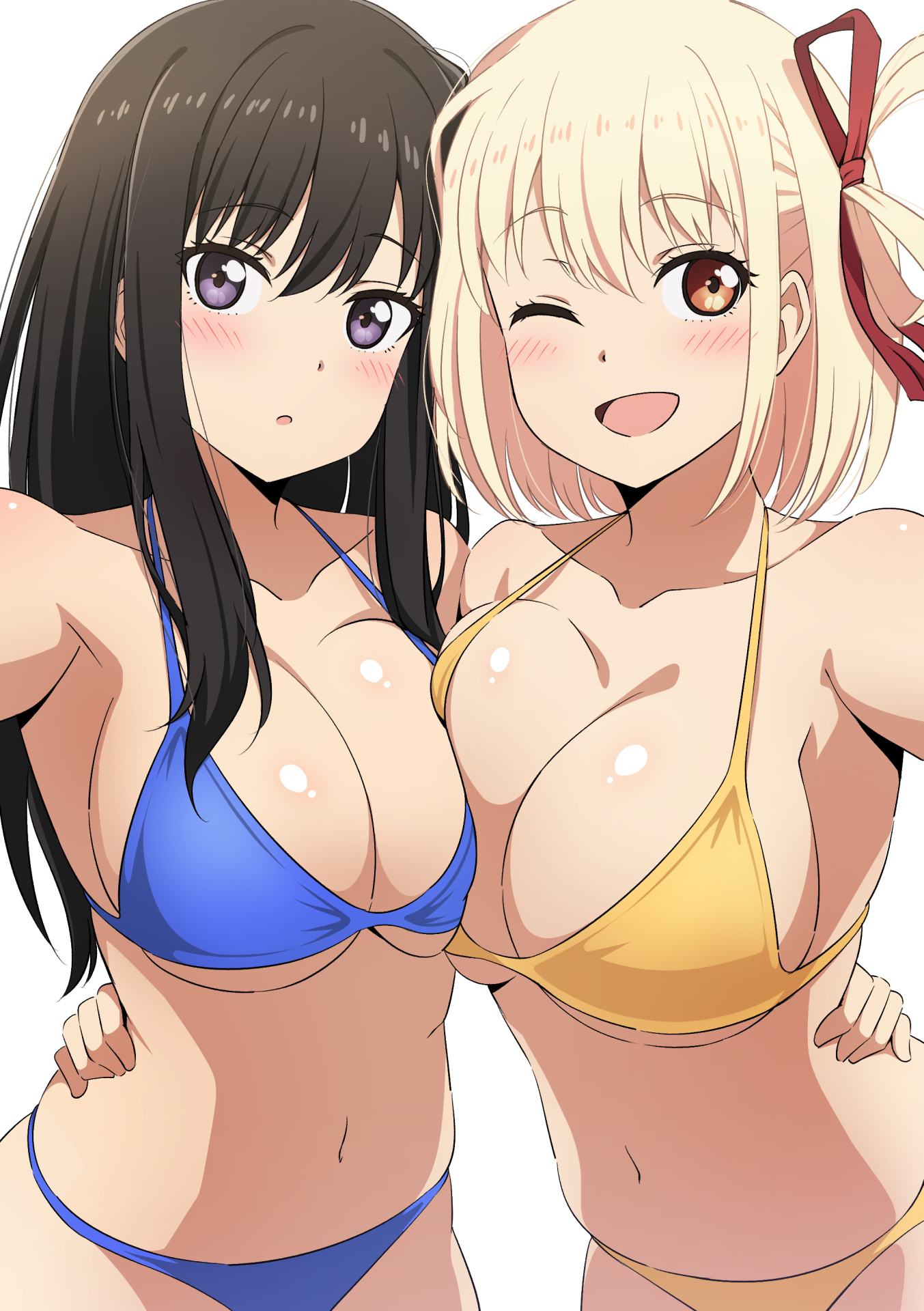 2girls, big breasts, bikini, black hair, blonde hair, blush, breasts, eye contact, female, female only, inoue takina, light skin, light-skinned female, long hair, looking at viewer, lycoris recoil, mibushiro, nishikigi chisato, one eye closed, shiny skin, short hair, upper body