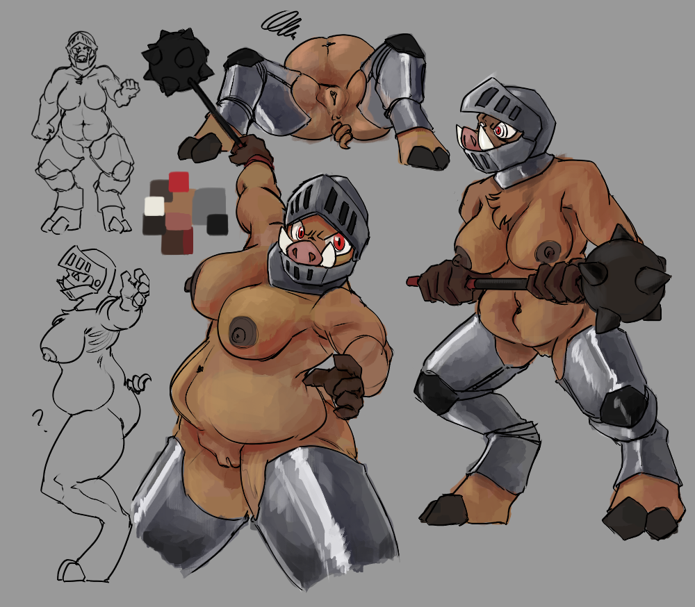 anthro armor clothed clothing female genitals lying mace mammal medieval_armour melee_weapon on_back painting_(artwork) partially_clothed pussy revertigo simple_background slit_visor solo suid suina sus_(pig) traditional_media_(artwork) uloth unconvincing_armor weapon wild_boar