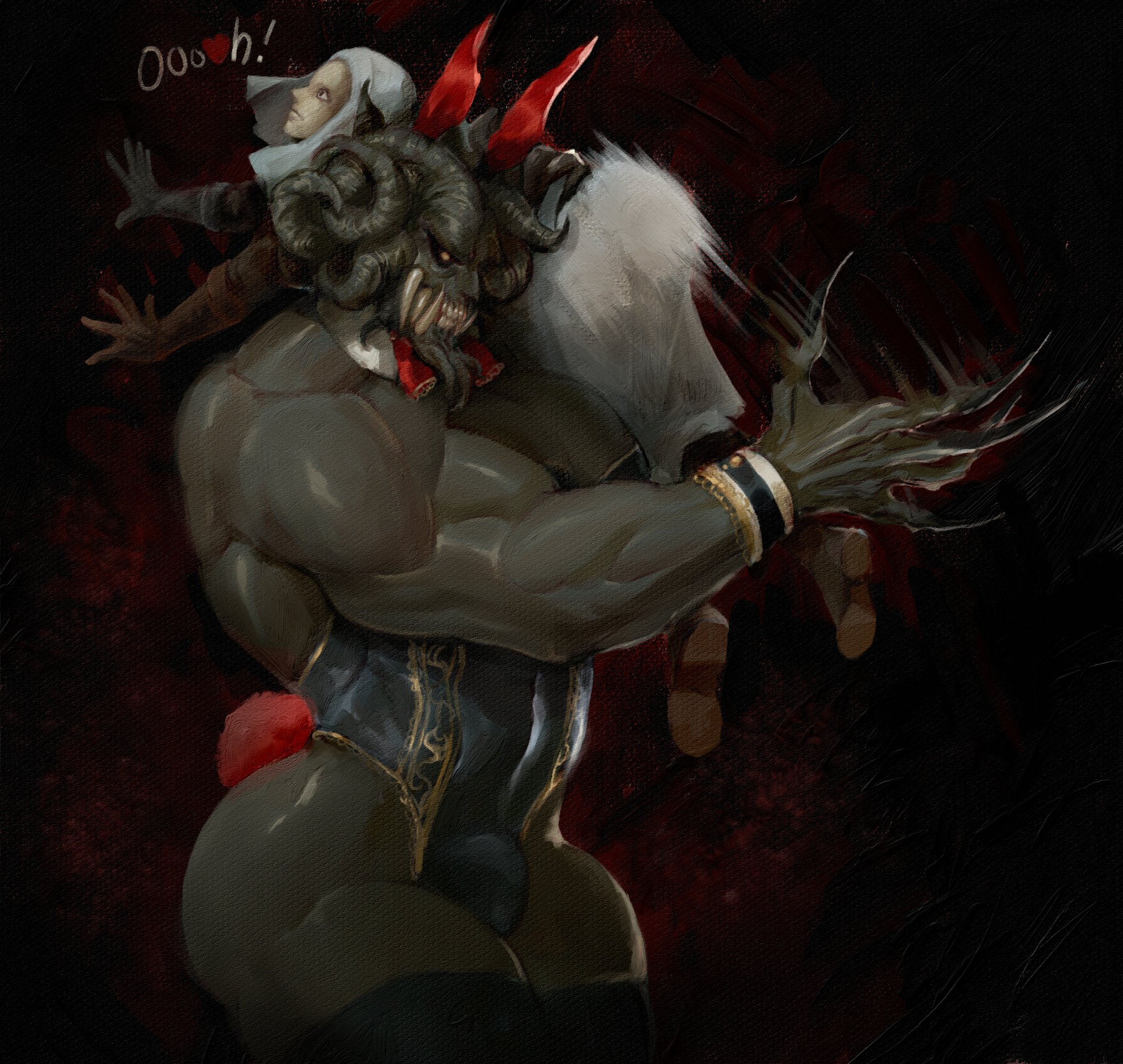 2boys, ass slap, bara, bulge, bulge through clothing, bunny ears, bunnysuit, butt slap, deity, demigod, elden ring, fromsoftware, male, male only, mohg lord of blood, muscular, muscular male, painting (artwork), skin tight, slapping, slapping butt, subliminalplums, white mask varré, yaoi