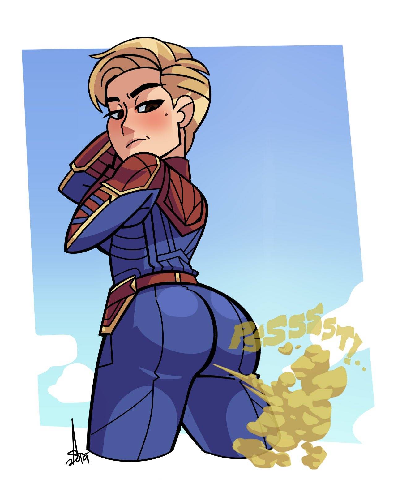 1girls 2019 ass beauty_mark big_ass blonde_hair bubble_butt captain_marvel carol_danvers fart fart_cloud fart_fetish fartfetish female marvel marvel_comics oddtenn short_hair tenuousoddity