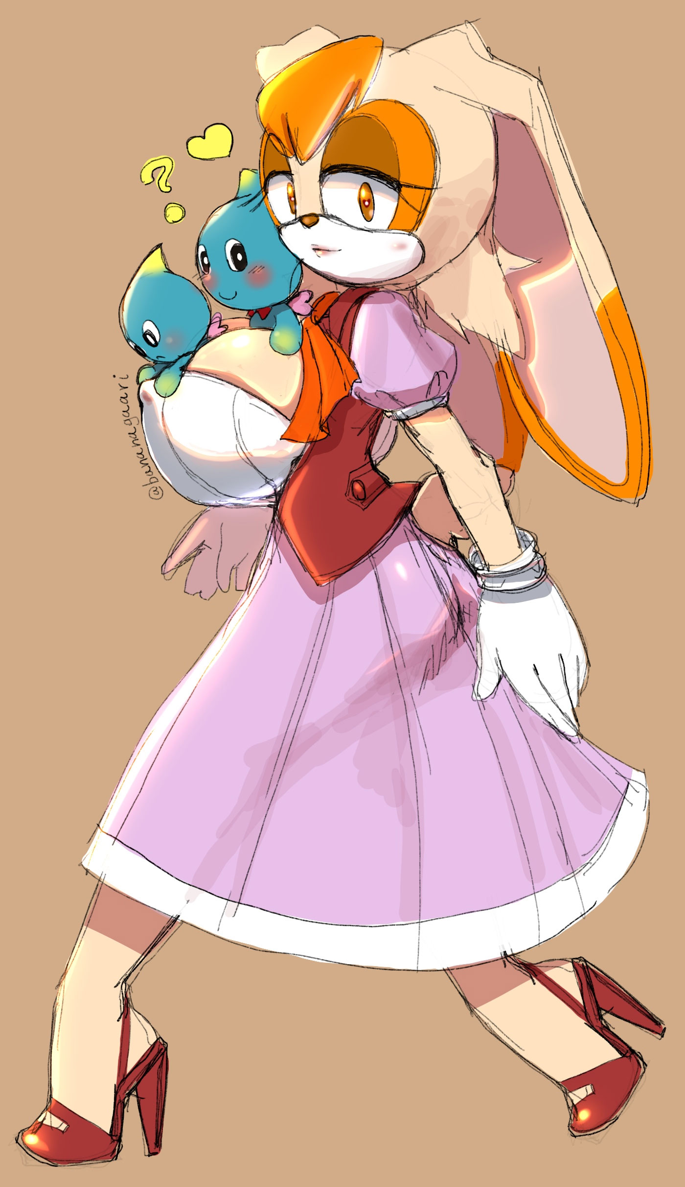 bananagaari, breasts, chao (sonic), dress, female, furry, gloves, high heels, large breasts, lipstick, size difference, sonic (series), sonic the hedgehog (series), vanilla the rabbit