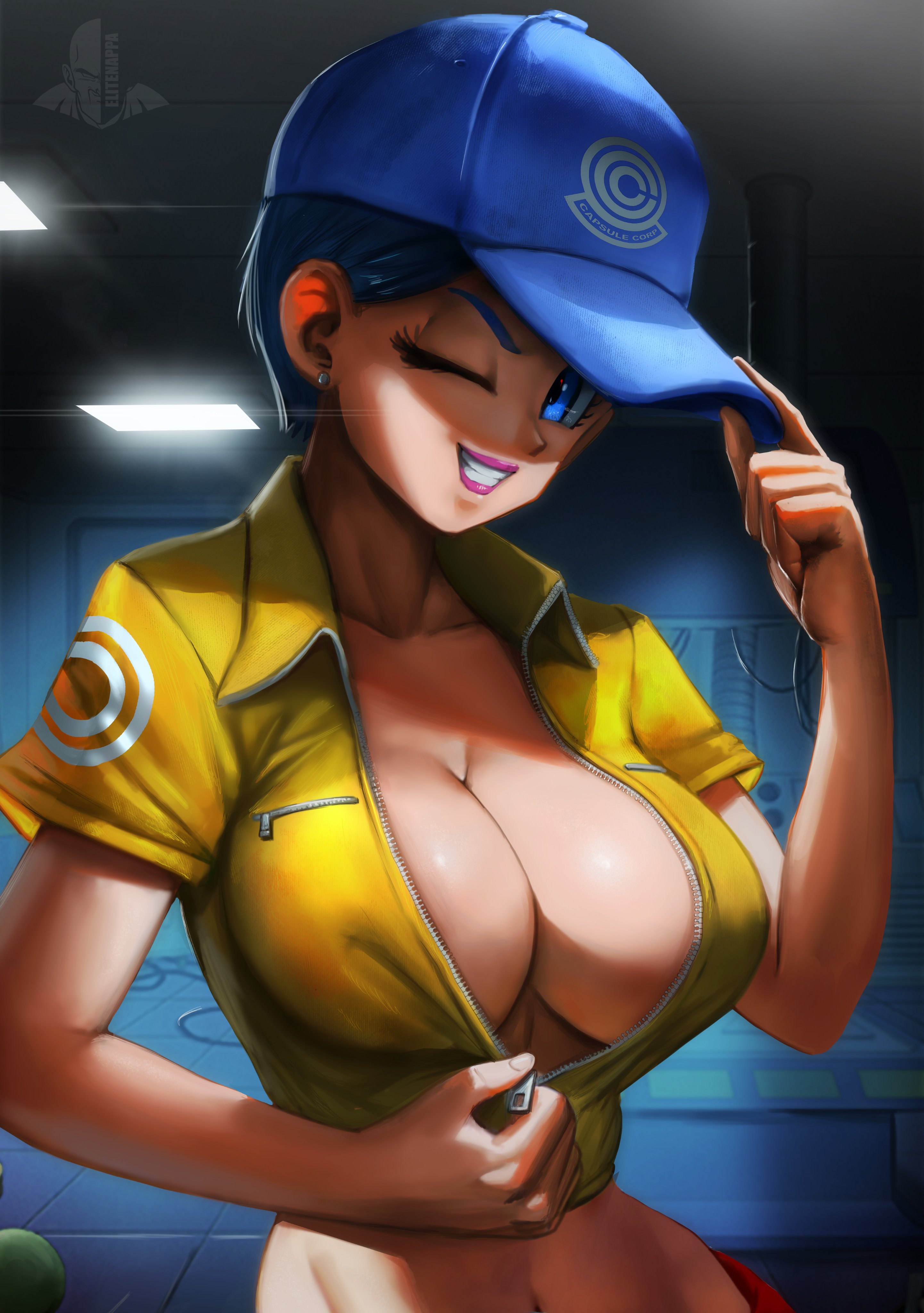 1girls, big breasts, blue eyes, blue hair, breasts, bulma briefs, bulma briefs (dragon ball super superhero), cleavage, dragon ball, dragon ball super, dragon ball super super hero, ear piercing, elitenappa, female, female only, hat, indoors, looking at viewer, milf, mother, no bra, piercing, showing off, smile, solo, unzipped, wide hips, wink