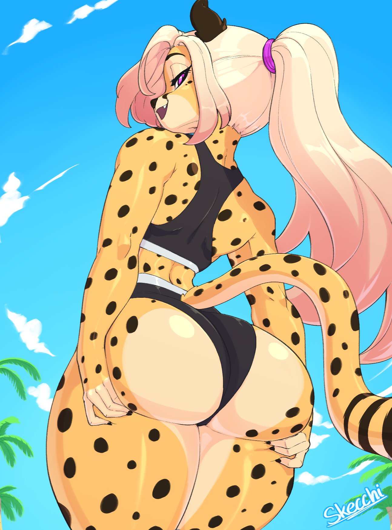 1girls alexandra_(velocitycat) anthro artist_name ass big_ass big_butt bra bubble_butt butt cheetah cheetah_ears female furry hair hair_tie hands_on_ass hands_on_butt huge_ass large_ass large_butt long_hair looking_at_viewer looking_back looking_over_shoulder open_mouth panties ponytail purple_eyes rear_view skecchiart sky solo solo_female spots spotted_fur tail thick_thighs thighs watermark yellow_fur