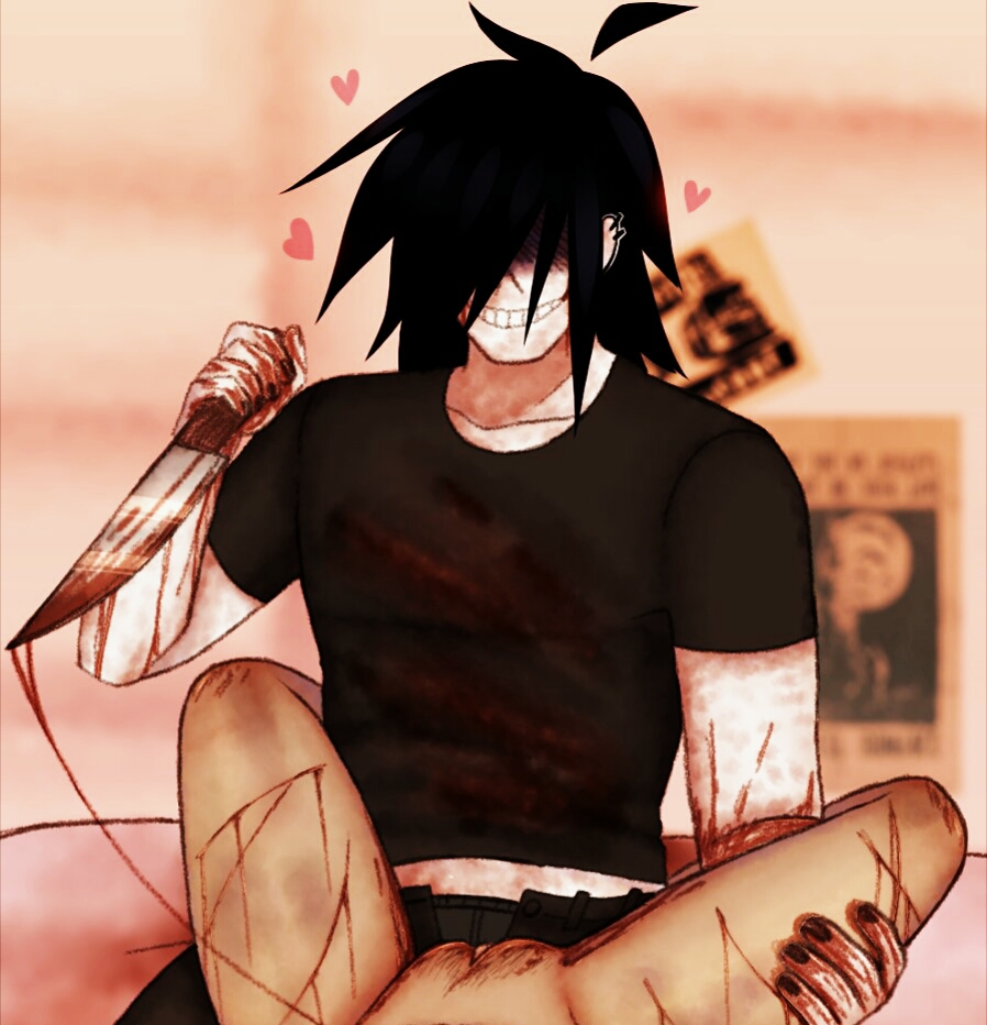 assassin, black hair, blood, creepy, creepypasta, female, heart, jeff the killer, knife, legs, long hair, lying, male, nail polish, nude, pale skin, piercing, piercings, pussy, serial killer, shirt, smile, spread legs, straight, vagina