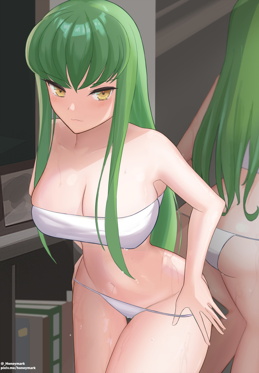 c.c., cleavage, code geass, female, green hair, pulling panties, sweat, undressing, white underwear, yellow eyes
