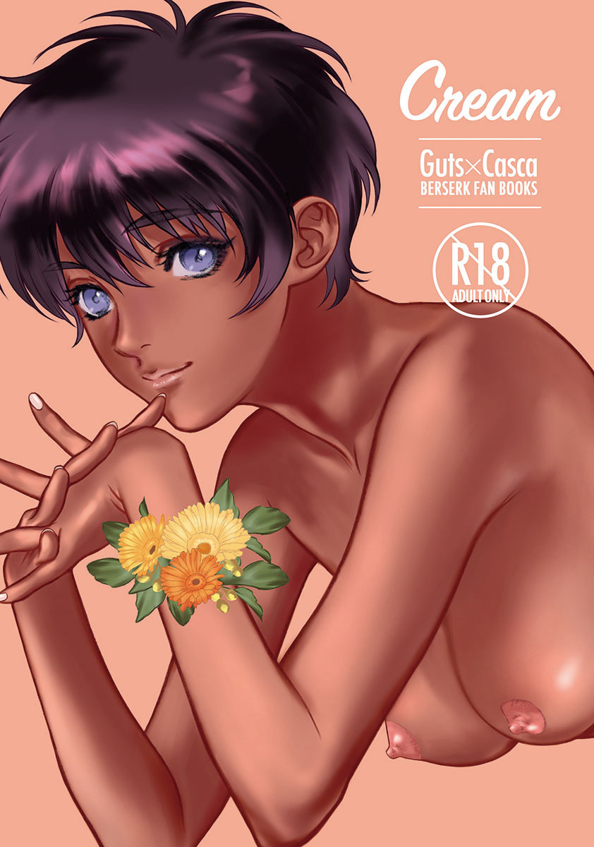 1girls, berserk, black hair, blue eyes, breasts, casca, dark skin, dark-skinned female, doujin cover, eyebrows visible through hair, female, female only, flower, human, nipples, nude, okojjo, short hair, solo, tomboy, very short hair