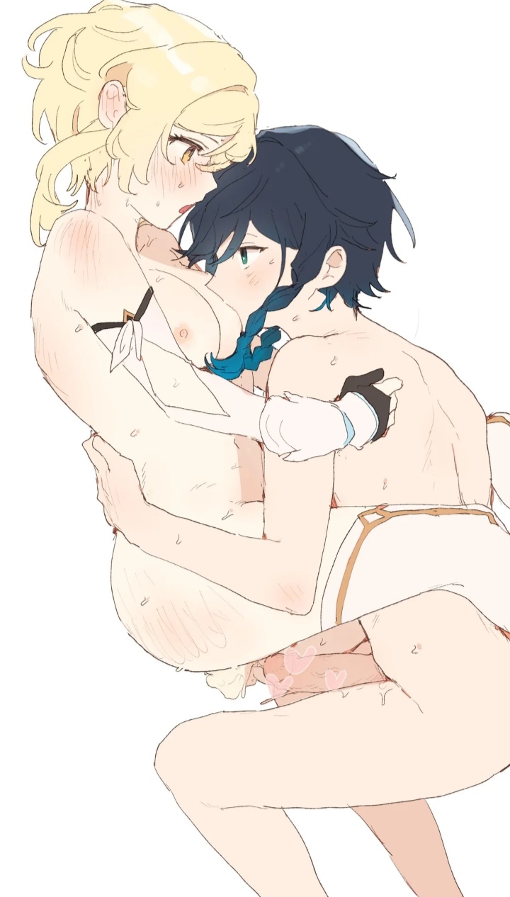 1boy, 1girls, armwear, blush, breasts, erection, female, femboy, femboy on female, genshin impact, lumine (genshin impact), male, nipples, nude, nude male, penis, straight, straight sex, sucking nipples, venti (genshin impact)