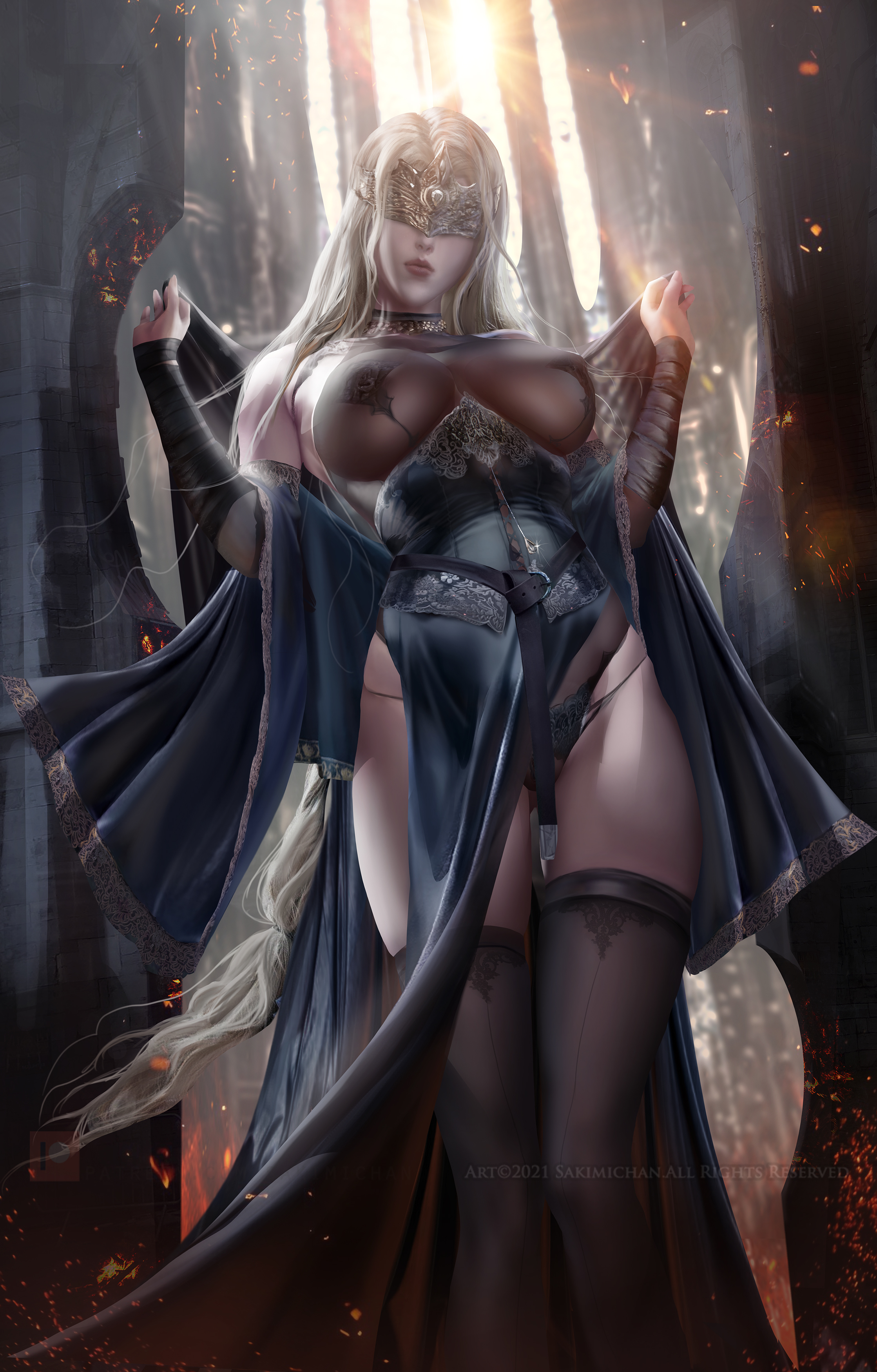 alternate version available, bare shoulders, big breasts, black legwear, black thighhighs, blonde hair, breasts, covered nipples, dark souls, dark souls 3, detailed, detailed background, eye mask, eyes covered, female, female only, fire keeper, fromsoftware, hi res, long hair, panties, pelvic curtain, sakimichan, see-through clothing, sheer legwear, solo, thigh gap, thighhighs, thong, underwear, very long hair