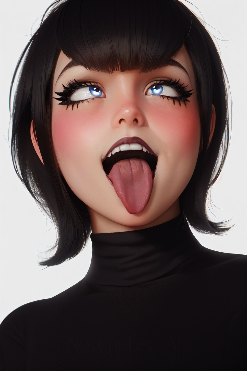 1girls, ahe gao, ahegao, ahegao face, ai generated, bangs, black clothing, black hair, black lipstick, blue eyes, blush, clothed, clothing, cute, cute face, dark hair, disney, emo, eyebrows, eyelashes, eyes rolled back, female, female only, fringe, glowing eyes, goth, goth girl, gothic, hotel transylvania, hotel transylvania: the series, lipstick, looking up, makeup, mavis dracula, mind break, mouth fetish, narrowed eyes, naughty face, open mouth, oral, pale-skinned female, petite, purapura, realistic, sharp teeth, short hair, skinny, slim, small fringe, smile, solo, sony corporation, sony pictures animation, teenager, teeth, tongue, tongue out, turtleneck, vampire, vampire girl, white background