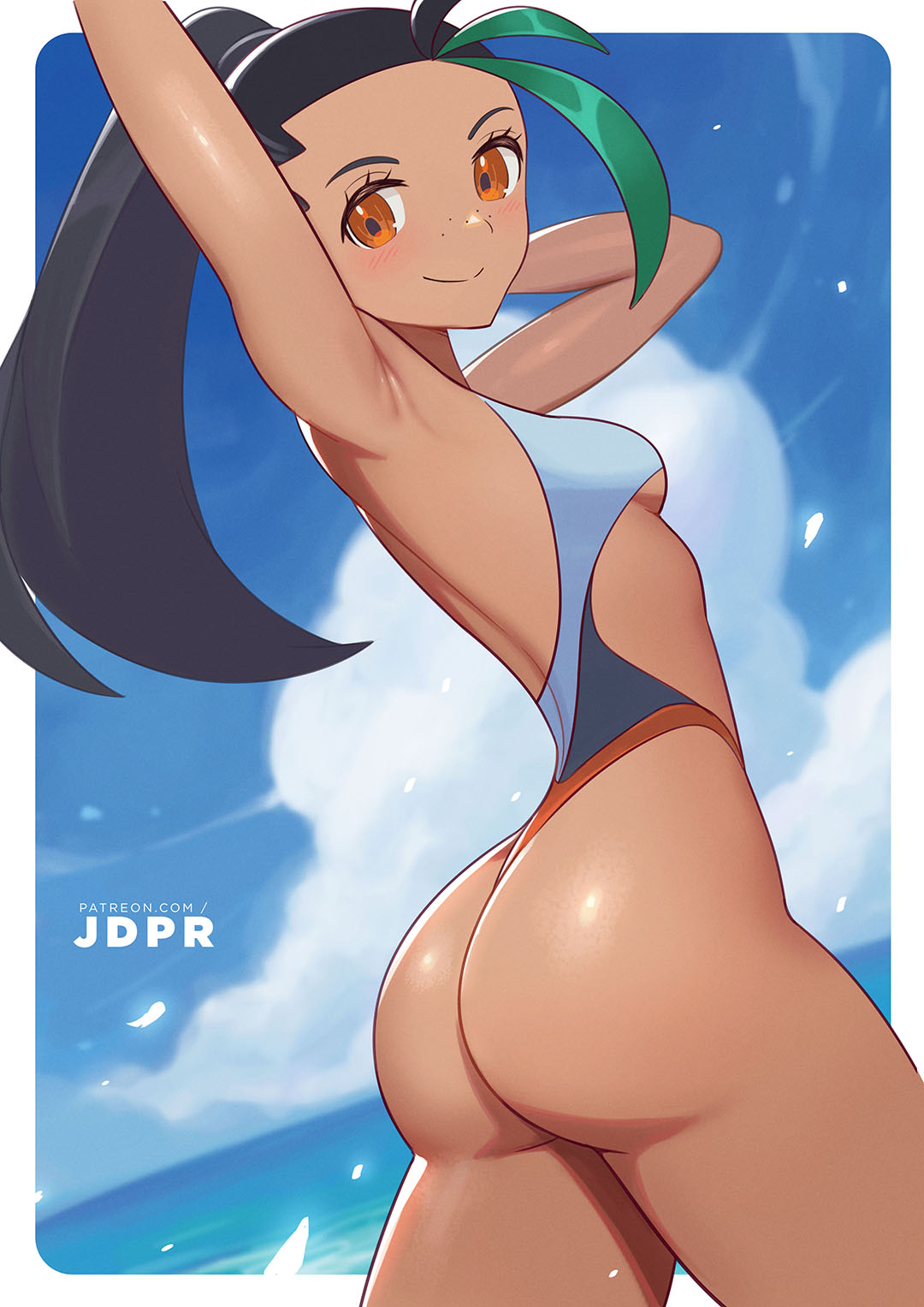 1girls armpits ass big_ass black_hair blush breasts bubble_butt dark-skinned_female dark_skin green_hair jdpr nemona_(pokemon) nintendo orange_eyes pokemon pokemon_sv ponytail slim_waist smile swimsuit thin_waist wide_hips