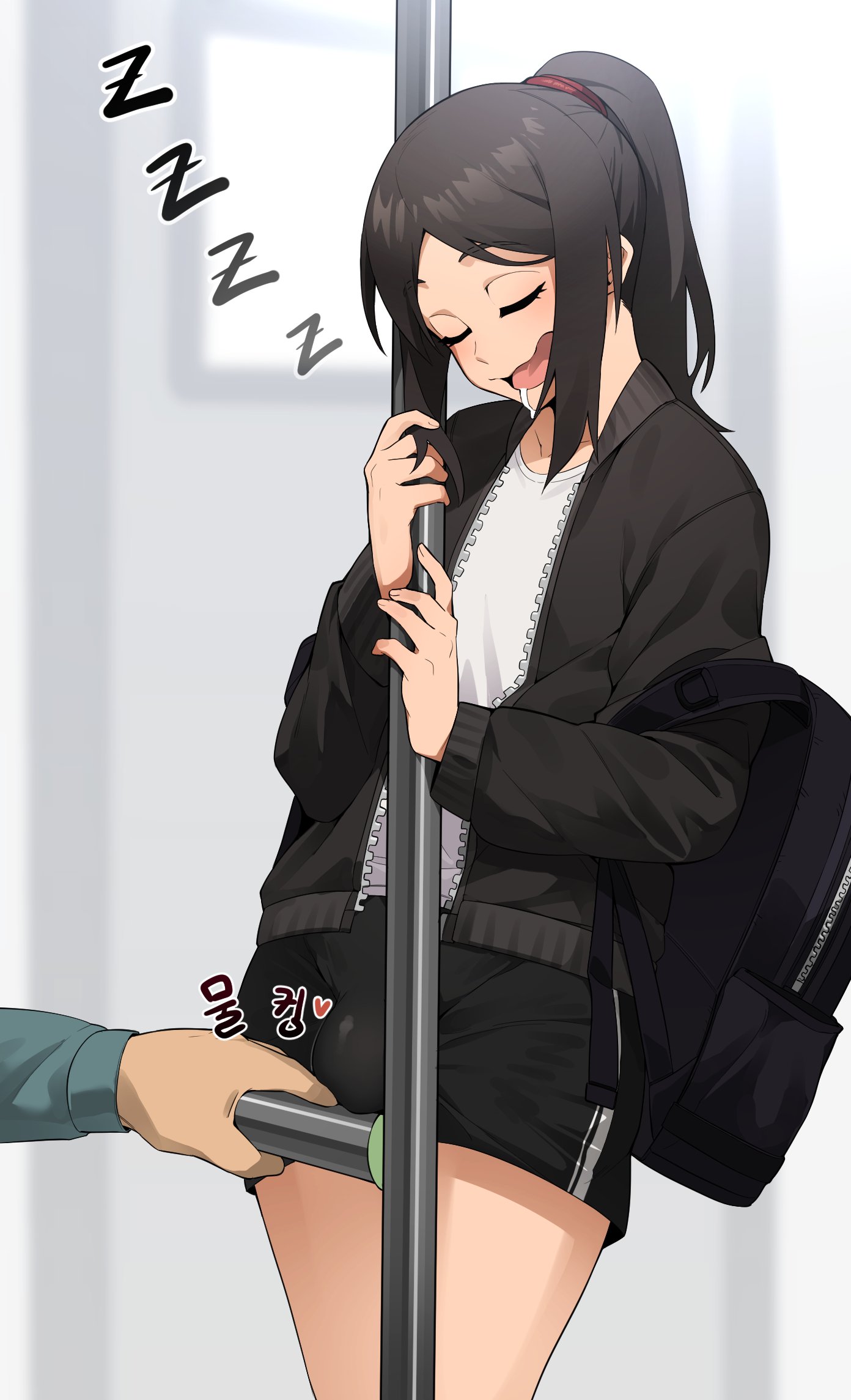 1boy, ain (in), bulge, bulge through clothing, clothed, clothing, femboy, flaccid, in (ain), male, male only, original character, penis, ponytail, public, public transportation, sleep molestation, sleeping, subway, train