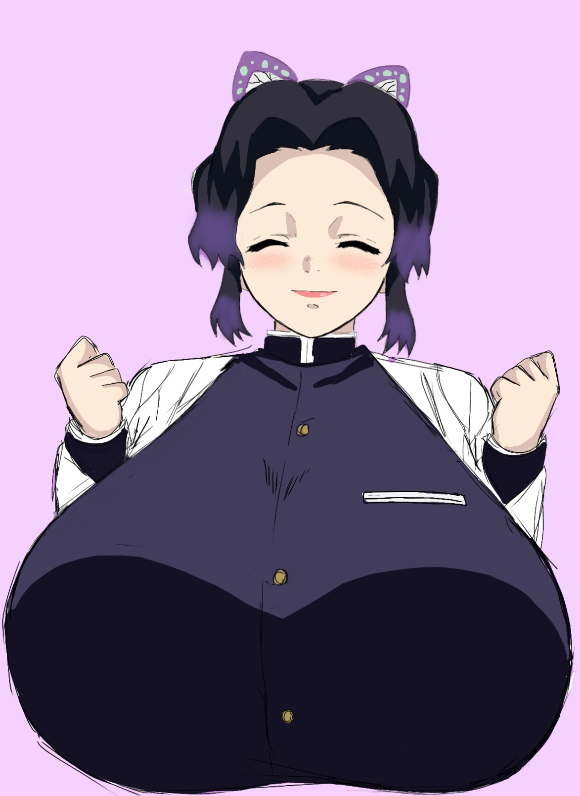 alternate breast size, big breasts, black hair, blush, breasts, butterfly hair ornament, closed eyes, demon slayer, female, female only, fully clothed, hyper breasts, kimetsu no yaiba, kochou shinobu, massive breasts, momiji (artist), purple background, smile, solo, two-tone hair, uniform, upper body