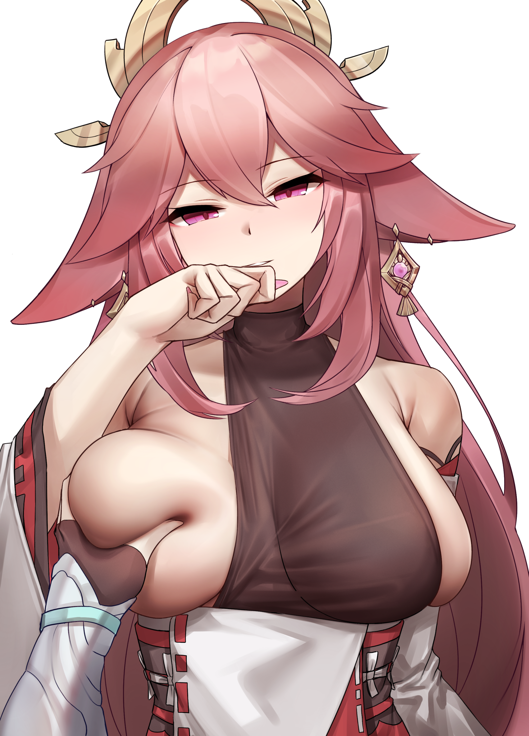 2girls, absurdres, animal ears, bangs, bare shoulders, breast grab, breasts, corset, covering mouth, deep skin, earrings, eyebrows visible through hair, female, fox ears, genshin impact, grabbing, hair between eyes, halo, head tilt, headgear, highres, japanese clothes, jewelry, large breasts, long hair, looking at viewer, lumine (genshin impact), mung (larnec), one breast out, parted lips, pink hair, purple eyes, simple background, upper body, very long hair, white background, wide sleeves, yae miko, yuri