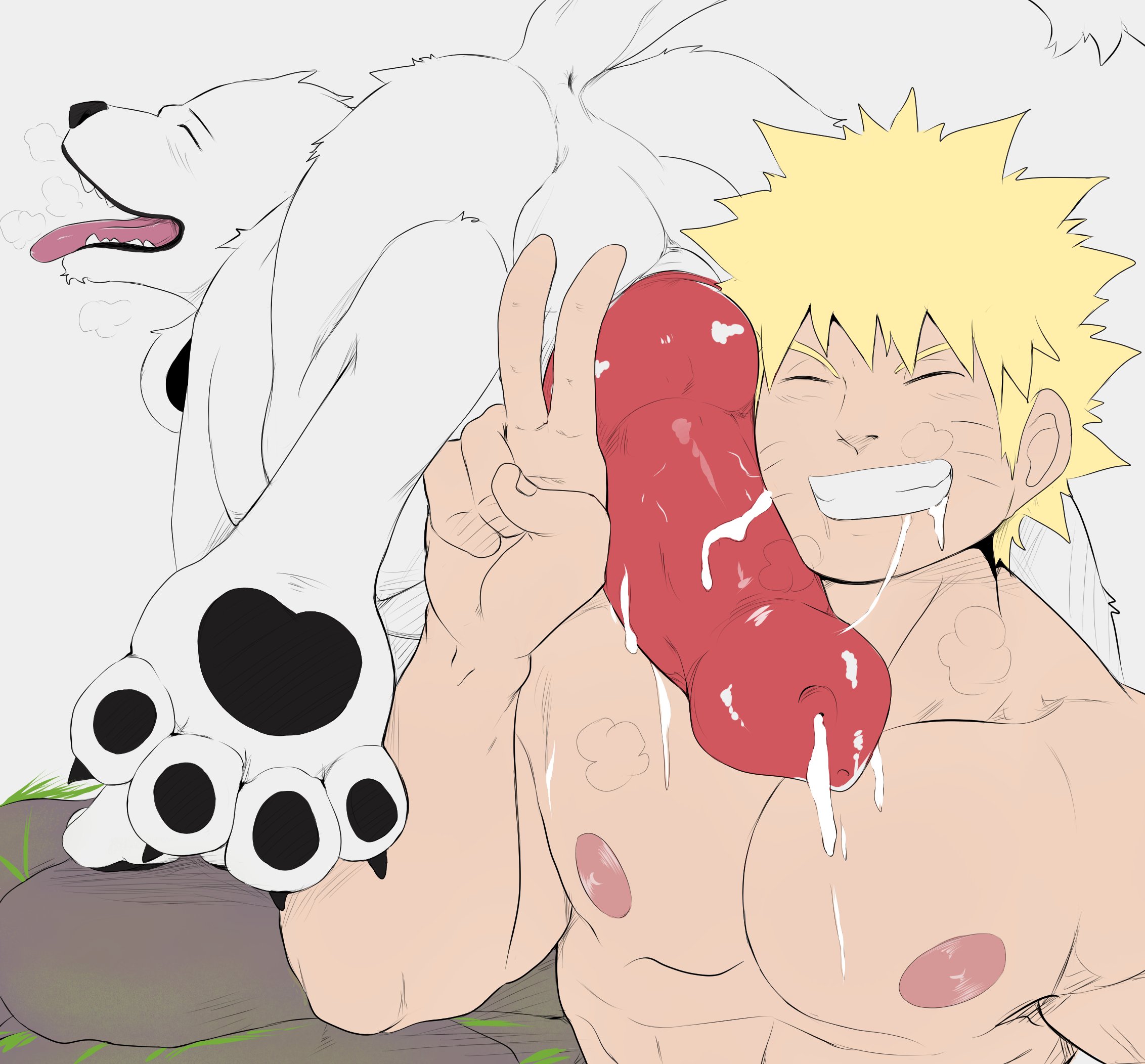 2boys, after fellatio, after sex, akamaru (naruto), animal genitalia, animal penis, anus, areolae, balls, big penis, blonde hair, canid, canine, canine penis, canis, claws, clenched teeth, climax, closed eyes, cum, cum in mouth, cumdrip, domestic dog, dripping cum, ejaculation, erection, facial markings, furry, gay, gay sex, grin, human, interspecies, knot, large areolae, large penis, light skin, light-skinned male, male, male only, male/male, muscles, muscular, muscular male, naruto, naruto (series), naruto shippuden, nipples, open mouth, paws, peace sign, pecs, penis, pose, posing, shounen jump, smile, smiling, smirk, soles, spiky hair, testicles, thick penis, tongue, tongue out, unsed fear, uzumaki naruto, v, whisker markings, whiskers, white fur, yaoi, yellow hair, zoophilia