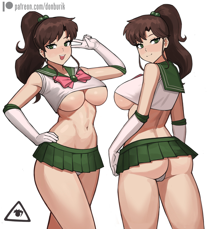 1girls artist_logo ass bangs bishoujo_senshi_sailor_moon breasts brown_hair cameltoe clothing commentary crop_top donburikazoku elbow_gloves english_commentary female female_only from_behind gloves green_eyes hand_on_hip high_ponytail highres large_breasts long_hair looking_at_viewer looking_back makoto_kino medium_breasts microskirt miniskirt multiple_views navel open_mouth panties parted_bangs patreon_logo patreon_username pleated_skirt sailor_collar sailor_jupiter shirt simple_background skirt smile solo teeth thighs underboob underbutt underwear upper_teeth v watermark web_address white_gloves white_panties white_shirt