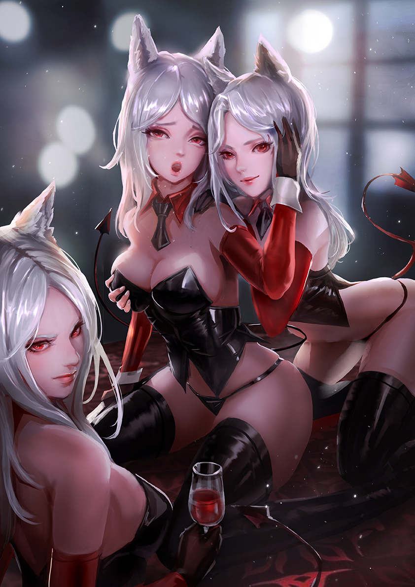 animal_ears breasts cerberus_(helltaker) cglas demon_girl demon_tail from_behind grabbing_breasts helltaker open_mouth yuri