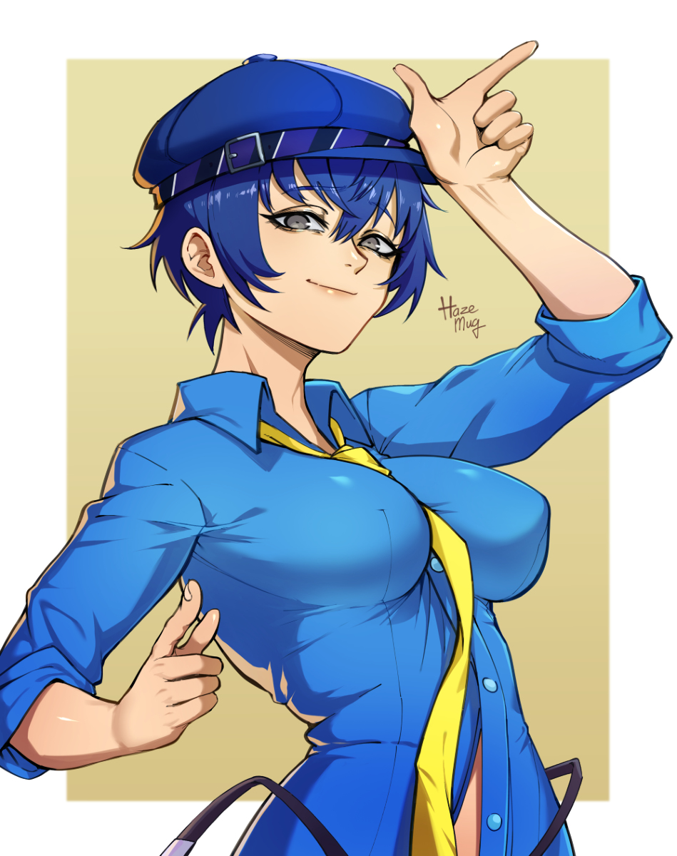 big_breasts blue_hair cabbie_hat hazemug non_nude persona persona_4 shirogane_naoto smug suit tie tight_clothing tomboy very_short_hair