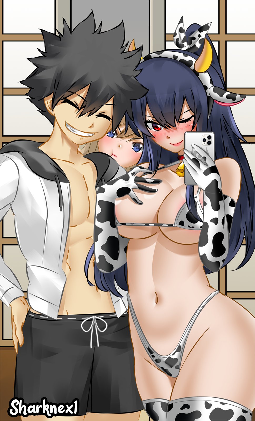 1boy 2girls alternate_version_available big_breasts black_hair blonde_hair blue_eyes blue_hair bubble_ass bubble_butt closed_eyes cow_ears cow_girl cow_horns cow_print cowbell cowgirl cowgirl_outfit edens_zero embarrassed envy female homura_kogetsu jealous jealousy male mole mole_under_eye no_sex rebecca_bluegarden red_eyes selfie sharknex shiki_granbell smiling standing tagme taking_picture taking_selfie thighhighs wide_hips wink winking