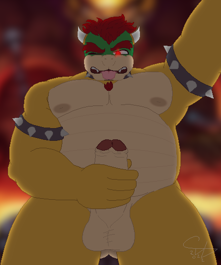 2022 anthro balls bara barazoku belly bowser codawolfex collar digital_media_(artwork) erection eyebrows glowing_eye green_body green_skin hair horn humanoid_genitalia humanoid_penis jerkingoff looking_at_viewer low-angle_view male male_only mario_(series) masturbation musclegut muscular muscular_anthro muscular_male nintendo nipples nude overweight overweight_anthro overweight_male penile_masturbation penis penis_grab pixel_art red_eyes red_hair solo solo_focus spikes teeth tongue_out turtle video_games yellow_body