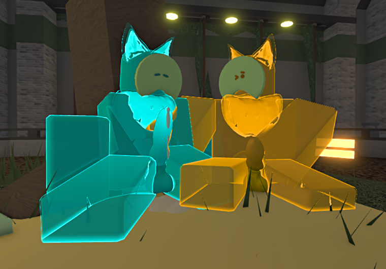 2boys 3d blue_fur closed_eyes garden gold_fur kaiju_paradise one_eye_closed penis pillow radant roblox roblox_game sitting slime_hound_(kaiju_paradise) tagme tree