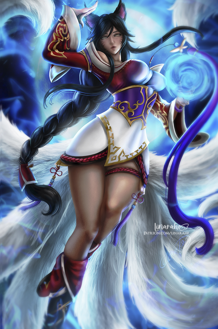 9_tails ahri animal_ear_fluff animal_ears animal_girl big_breasts black_hair breasts busty child_bearing_hips cleavage clothing curves curvy curvy_body curvy_female curvy_figure curvy_hips elegance elegant eyelashes eyeliner eyeshadow facial_markings female fluffy fluffy_ears fluffy_tail fluffy_tails fox fox_ears fox_girl fox_tail furry_tail glistening glistening_body glistening_breasts glistening_hair glistening_skin hips hourglass_figure humanoid inner_ear_fluff kemonomimi kitsune large_breasts league_of_legends light-skinned_female light_skin linarahe lips lipstick long_hair multiple_tails nine_tailed_fox only orb pale-skinned_female pale_skin pose posing riot_games sole_female tail thighs vastaya video_games yellow_eyes