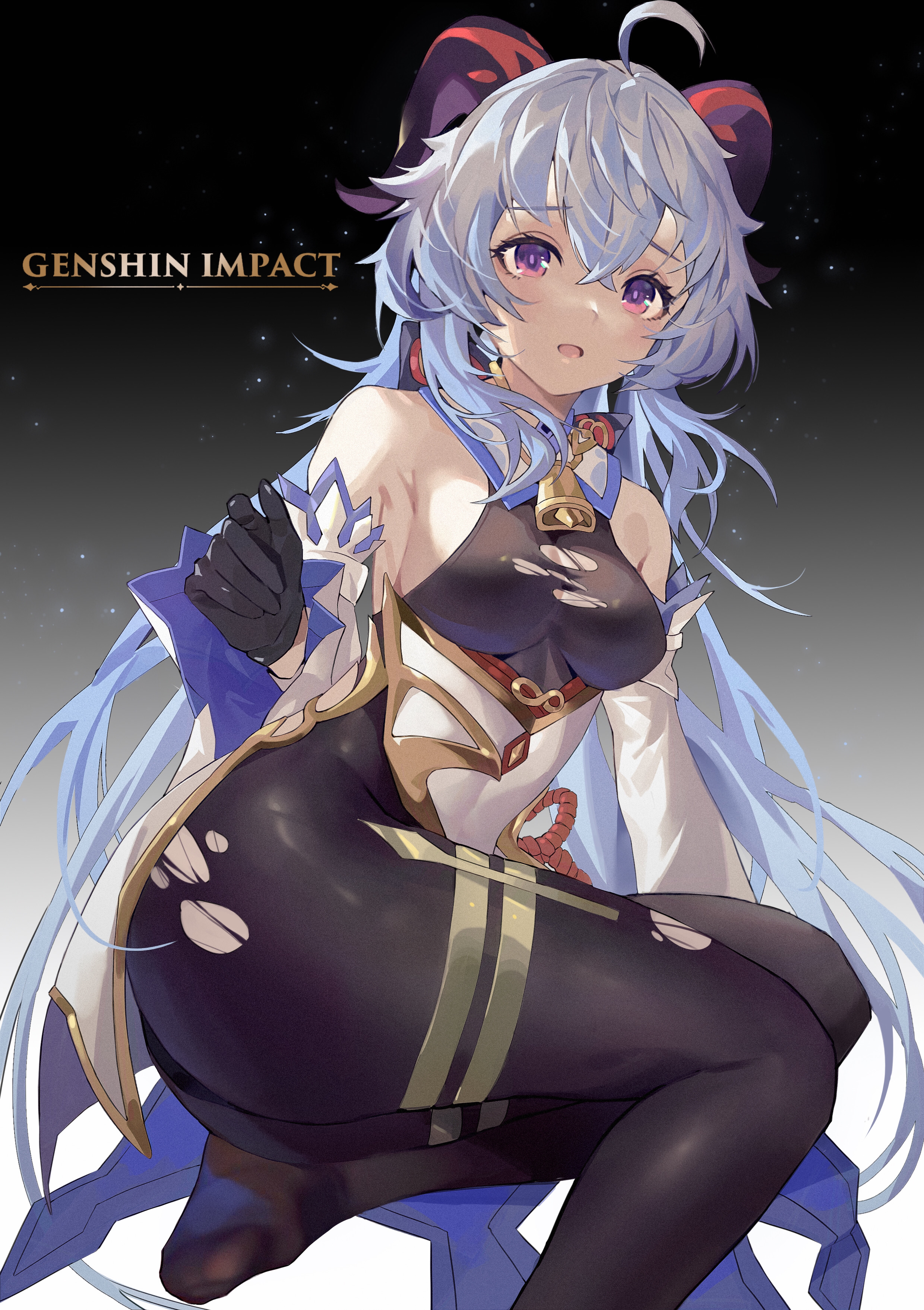 ass, blue hair, bodysuit, breasts, female, ganyu (genshin impact), genshin impact, hips, horns, mumei (artist), ripped clothing, sitting, tagme