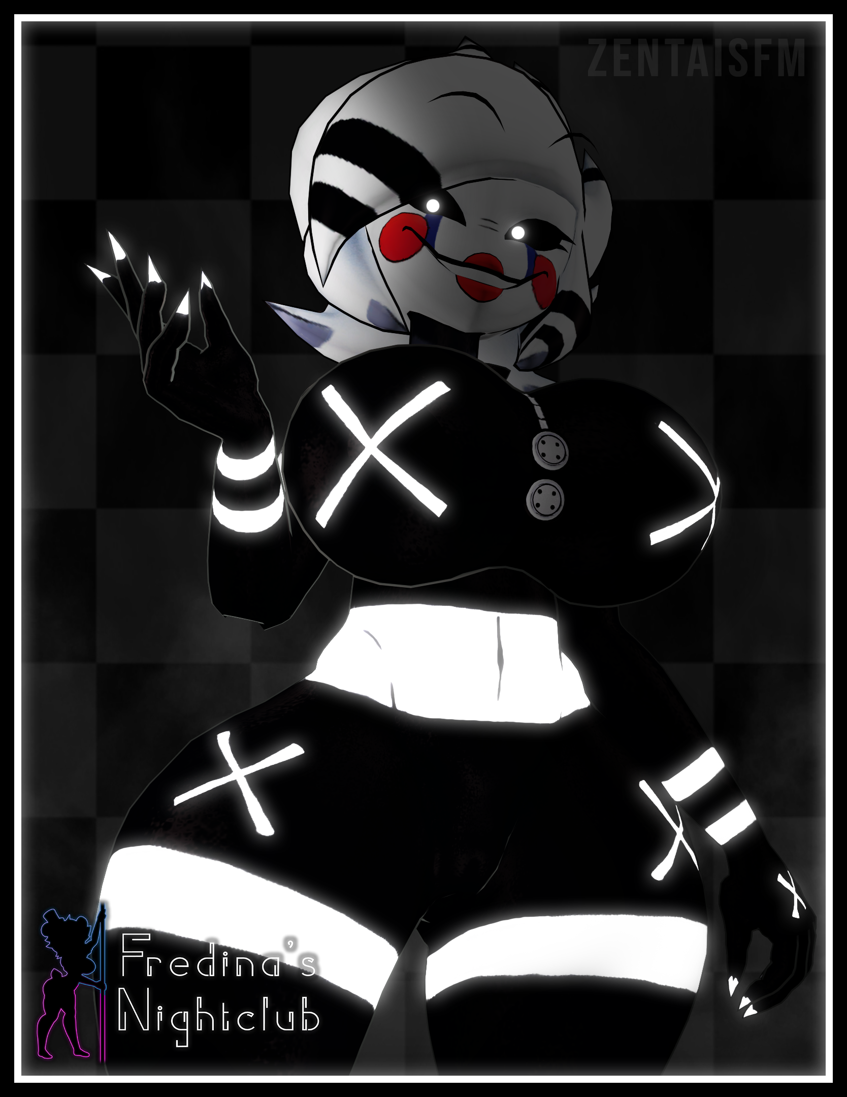 1girls, 3d, 3d (artwork), belly button, big breasts, black and white body, breasts, buttons, cally3d, clazzey, cryptiacurves, fazclaire's nightclub, female, female only, five nights at freddy's, five nights at freddy's 2, fnaf, fredina's nightclub, glowing, glowing eyes, glowing markings, hourglass figure, huge breasts, large breasts, lipstick, looking at viewer, makeup, marie (cally3d), marie (cryptia), marionette (fnaf), nails, pinup, puppet (cally3d), puppet (fnaf), red cheeks, scottgames, sfm, sharp nails, smile, smiling, solo, source filmmaker, thick thighs, thighs, voluptuous, watermark, wide hips, zentaisfm