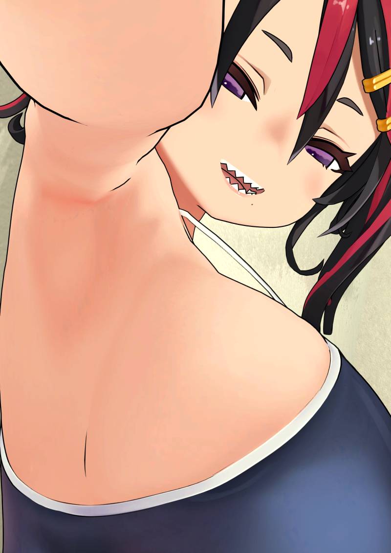 1girls against_wall ariduka_formica armpit big_breasts breasts busty enormous_breasts female female_only giant_breasts gigantic_breasts huge_breasts human large_breasts massive_breasts purple_eyes school_swimsuit sharp_teeth solo solo_female stretching swimsuit unusual_teeth virtual_ant_channel virtual_youtuber