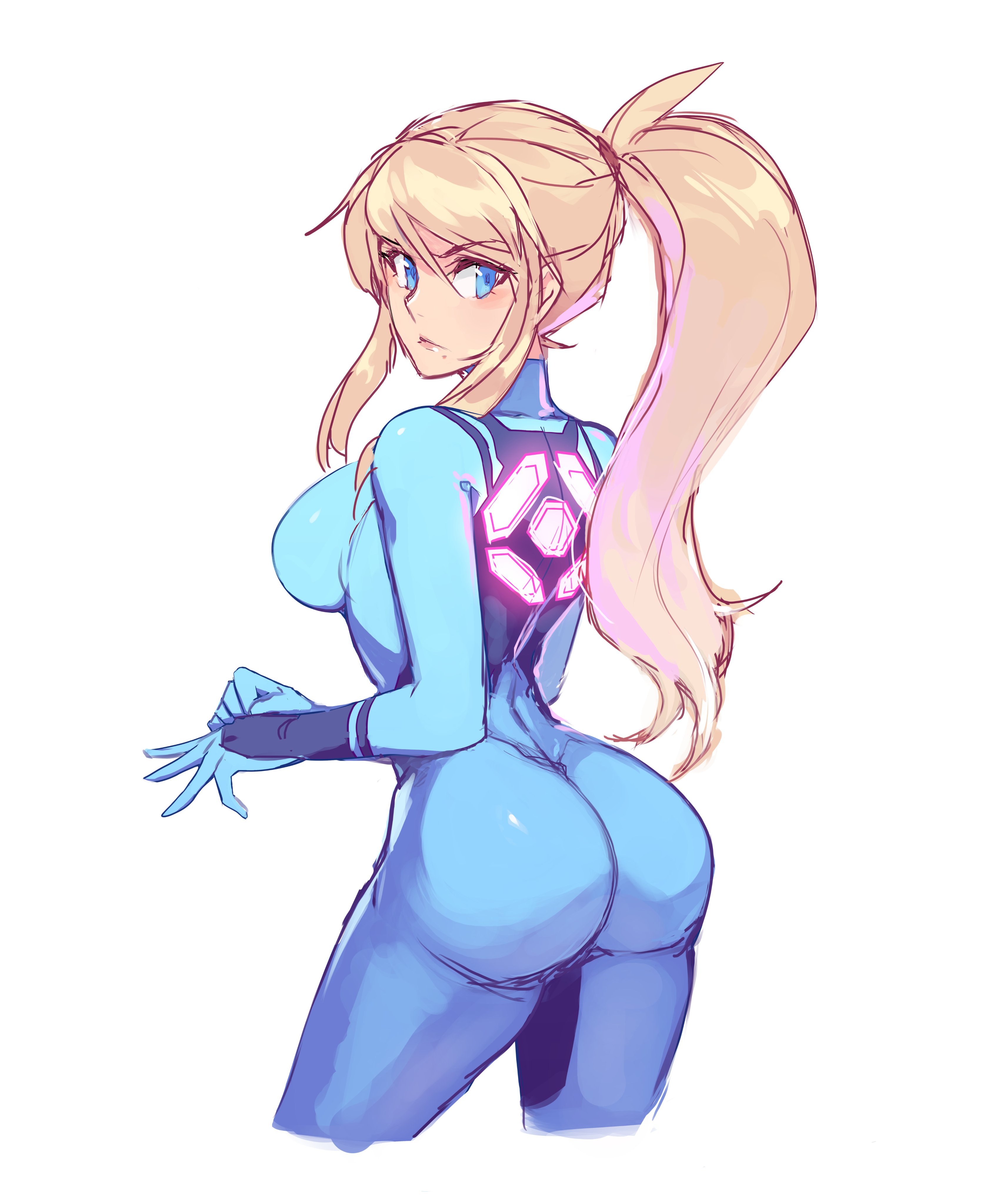 1girls, ass, big ass, big breasts, blonde hair, blue eyes, bodysuit, breasts, clothed, clothing, female, female only, light skin, metroid, samus aran, solo, solo female, white background, winterregalia, zero suit samus