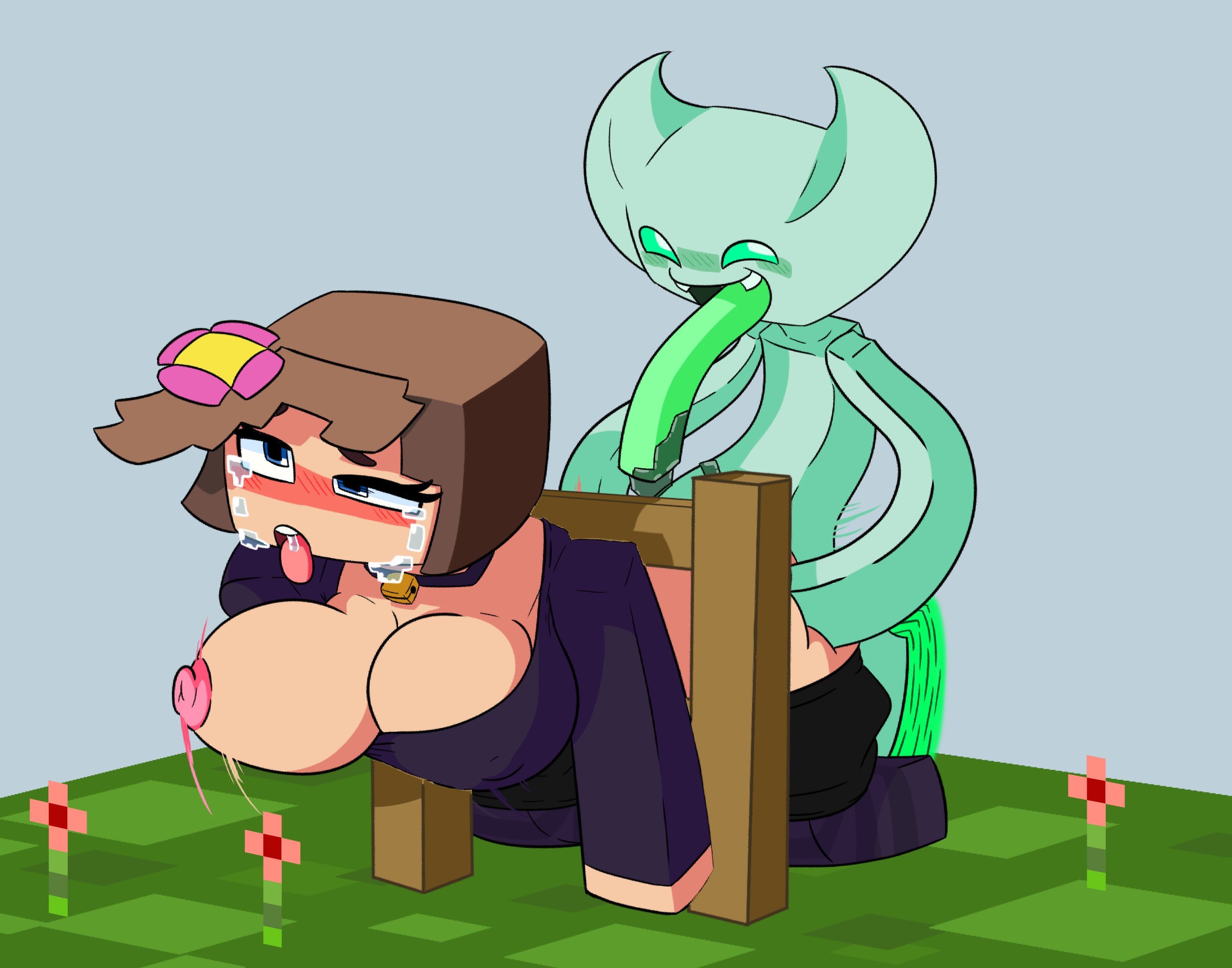 1boy, 1girls, ahe gao, breast outside, breast swing, breasts, color, doggy style, female, fence, horny female, human female, humanoid, jenny belle (slipperyt), male, minecraft, outside, rape, steve you gotta help me i'm stuck, straight, stuck, stuck in fence, taken from behind, tears of pleasure, tongue, tongue out