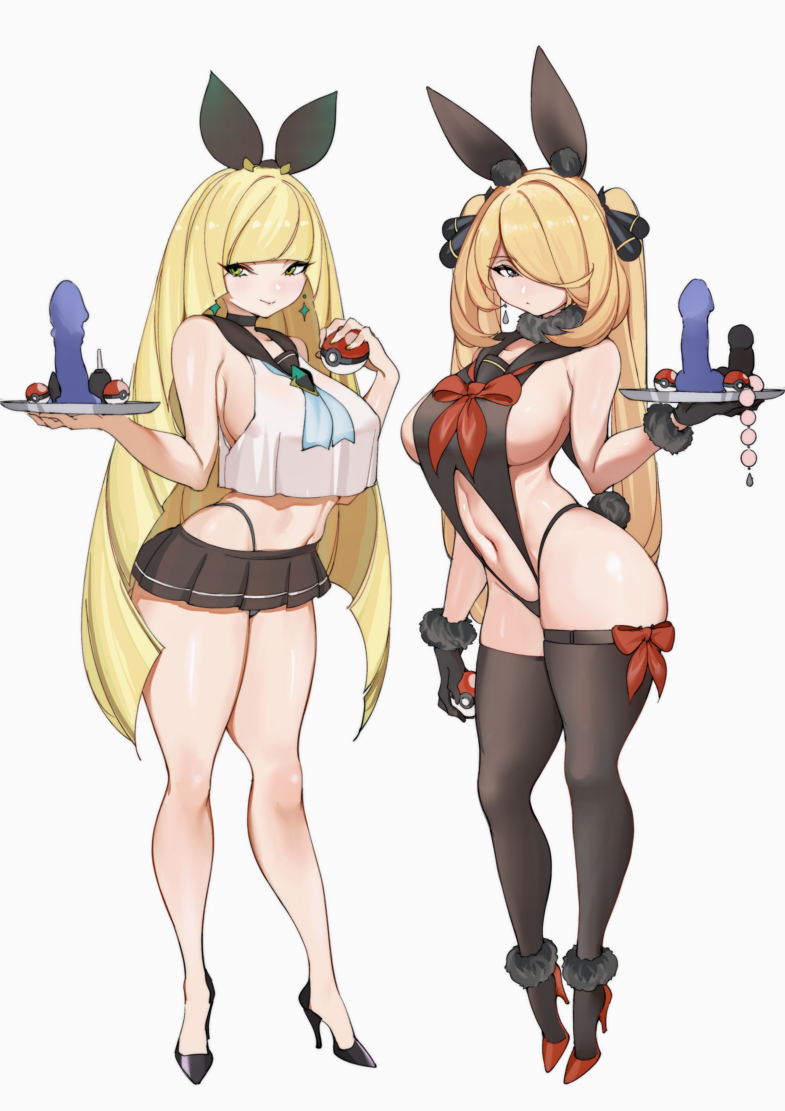 2022, 2girls, alternate breast size, alternate hairstyle, blonde hair, breasts, bunny ears, bunny girl, bunny tail, bunnysuit, cynthia (pokemon), female, female only, green eyes, grey eyes, hair ornament, hair over one eye, heels, hi res, high heels, hips, holding object, huge breasts, lamsass, long hair, lusamine (pokemon), mature female, microskirt, milf, mother, nintendo, pokeball, pokemon, pokemon dppt, pokemon sm, sailor uniform, serving tray, sex toy, shoes, short skirt, sideboob, simple background, skirt, sleeveless, slim waist, thick thighs, thighhighs, thighs, thong, twintails, white background, wide hips