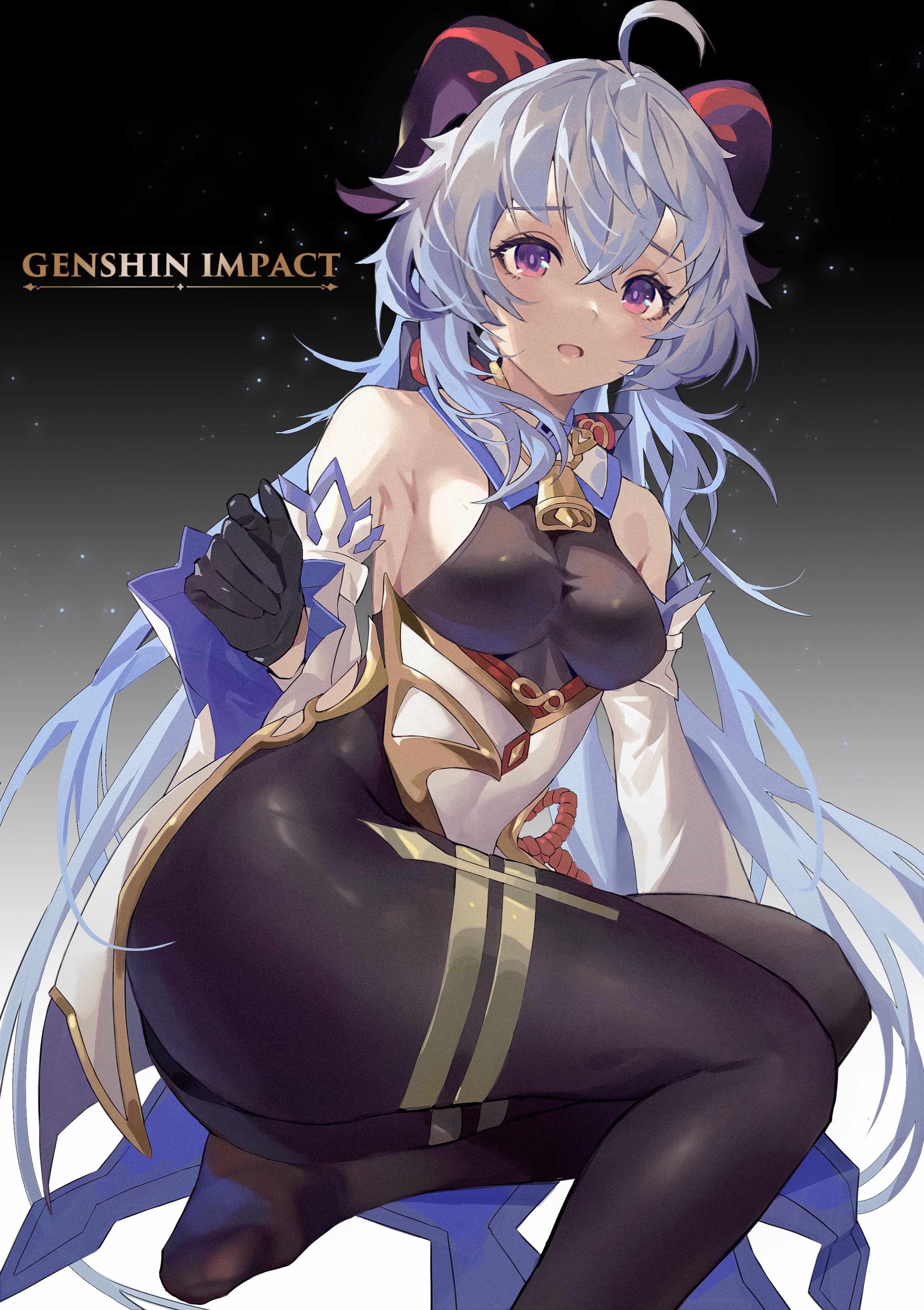 ass, blue hair, bodysuit, breasts, female, ganyu (genshin impact), genshin impact, hips, horns, mumei (artist), sitting, tagme