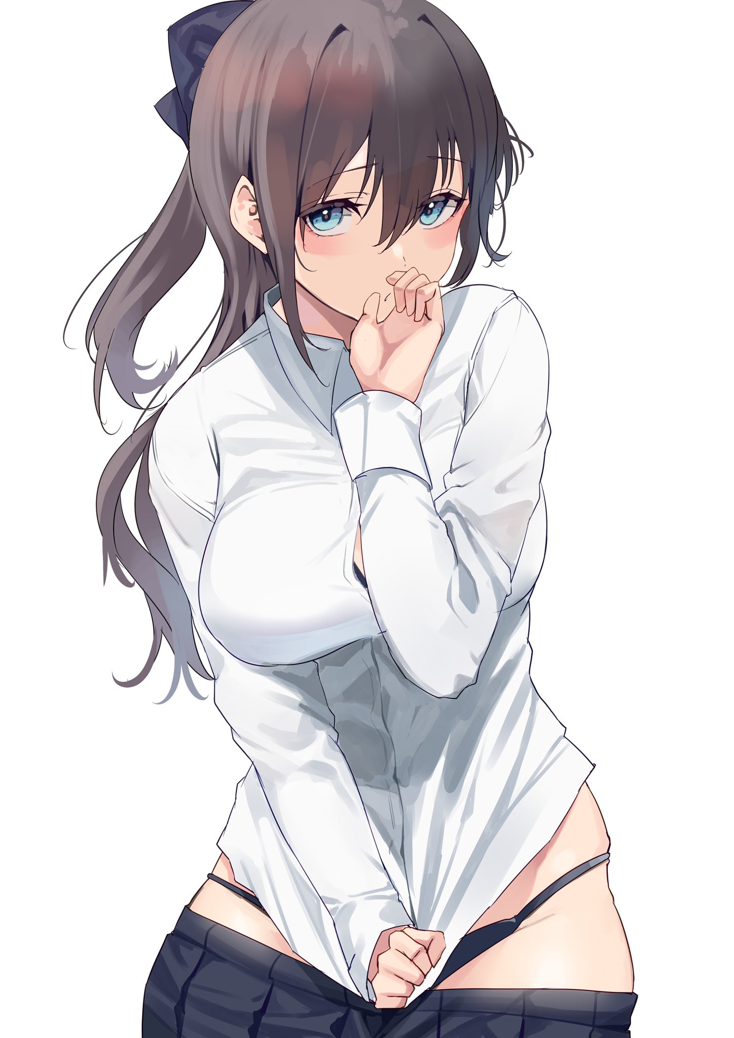 1girls, big breasts, blue eyes, breasts, brown hair, busty, cleavage, female, female only, hips, intermammary cleft, large breasts, looking down, love live!, love live! nijigasaki high school idol club, mostly clothed, ousaka shizuku, school uniform, skirt, skirt down, solo, tagme, tight clothing, white background, yamasonson