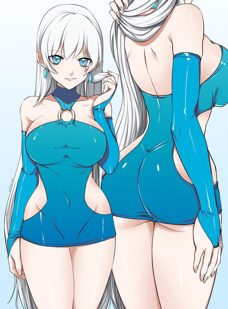 1girls, blue dress, blue eyes, earrings, eye scar, female, gigiedt, long hair, rwby, short dress, weiss schnee, white hair