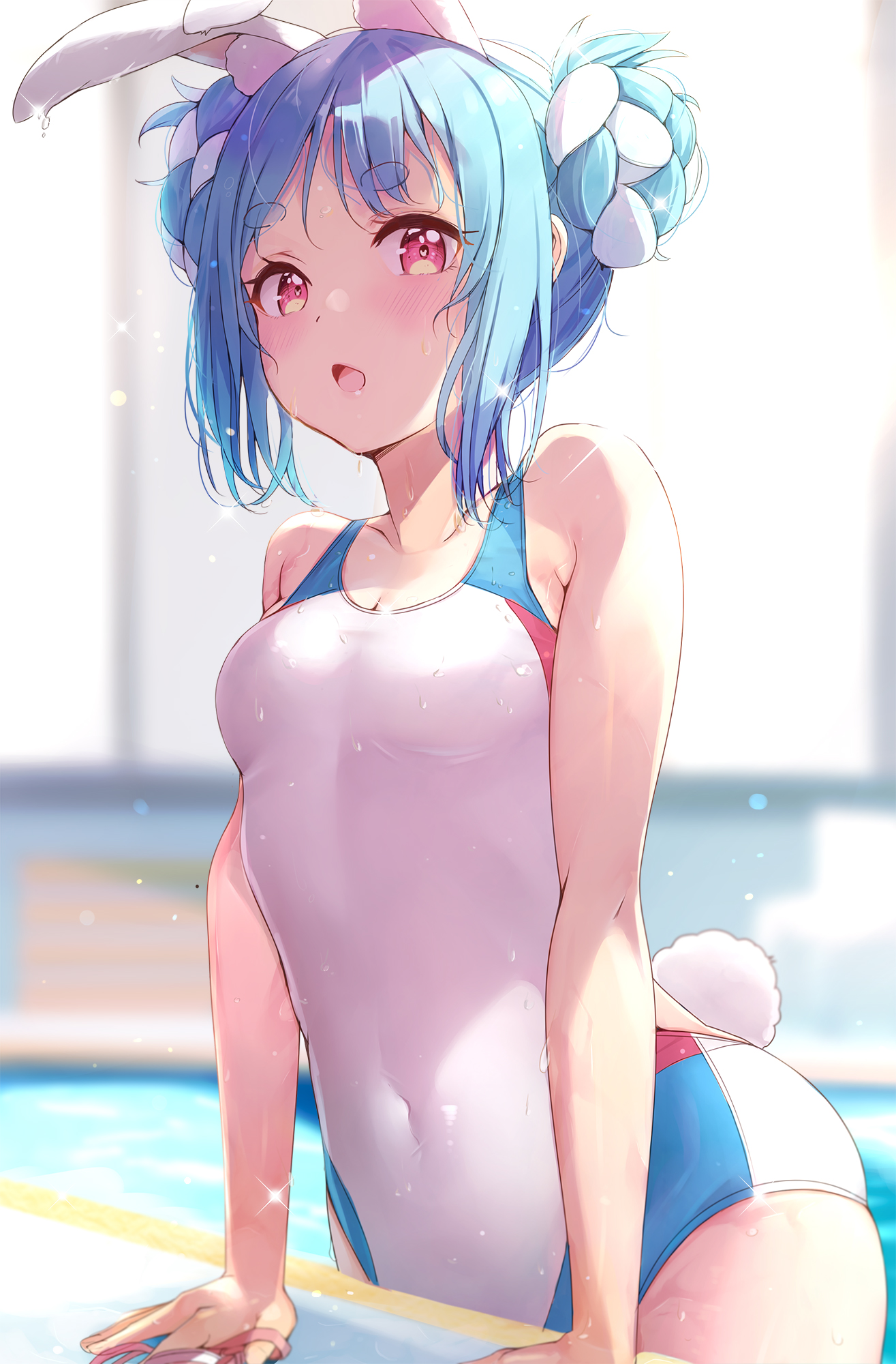 1girls, 2022, animal ear fluff, animal ears, bare arms, bare shoulders, blue hair, blurry, blurry background, blush, braid, braided bun, breasts, double bun, female, female only, hair bun, highres, hololive, hololive fantasy, hololive japan, light skin, light-skinned female, looking at viewer, multi ear, multicolored hair, one-piece swimsuit, open mouth, pool, rabbit ears, rabbit girl, rabbit tail, red eyes, sidelocks, small breasts, solo, streaked hair, swimsuit, tail, thick eyebrows, usada pekora, virtual youtuber, wet, wet clothes, wet swimsuit, white hair, white swimsuit