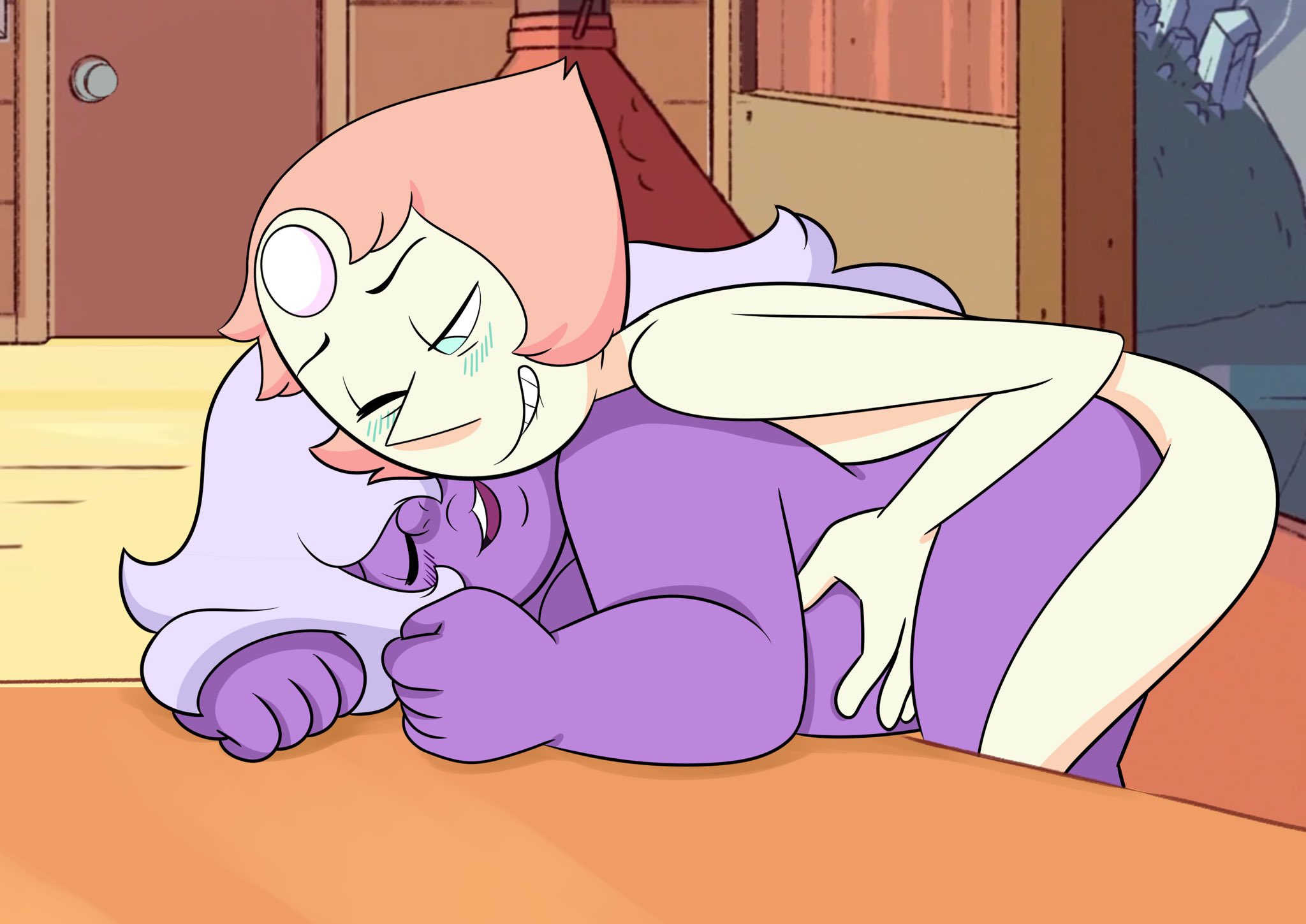 1futa, 1girls, amethyst (steven universe), bent over, biting lip, blush, cartoon network, doggy style, duo, eyes closed, female, futa on female, futanari, gem, gem (species), hair, humanoid, intersex, lips, missgreeney, one eye closed, pearl (steven universe), pink hair, pointy nose, purple hair, purple skin, sex, steven universe, white skin