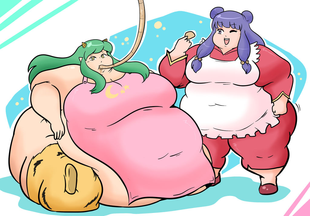 2girls apron bbw belly big_breasts blue_hair fat fat_ass fat_thighs female_only green_hair hair_buns horns jiggle jiggling_thighs leopard_print lewdsona lum obese overweight overweight_female pale-skinned_female pale_skin pink_clothing purple_eyes ranma_1/2 red_clothing red_shoes shampoo_(ranma_1/2) sitting ssbbw thick_thighs tube tube_feeding urusei_yatsura winking yellow_eyes