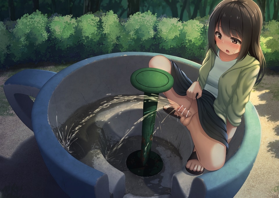 arisu_kazumi black_shoes black_skirt breasts censored green_jacket long_hair outdoor_pee outdoors outside pale_skin peeing penis public_urination sandals skirt_lift slides teacup urinating_futanari urinating_on_object urine white_shirt 有栖かずみ@2日目西-さ14a