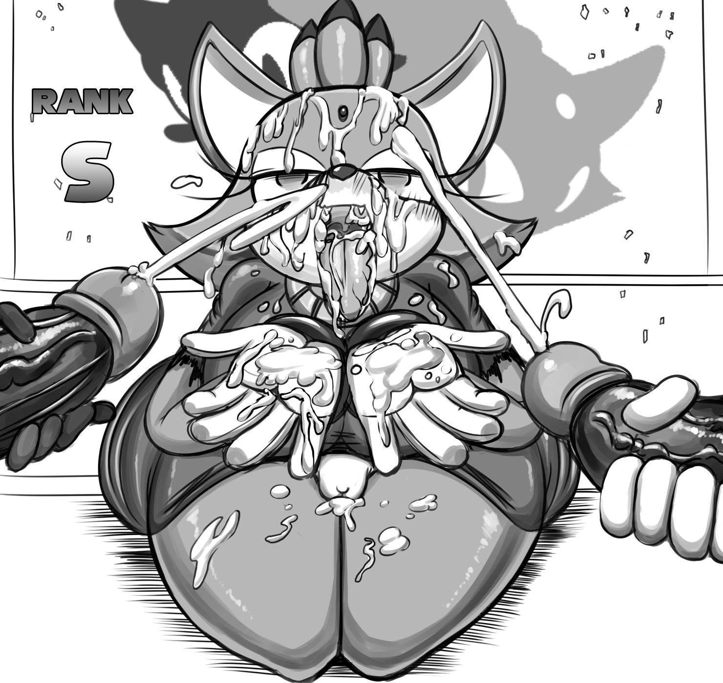 1girls, 2boys, big thighs, blaze the cat, breasts, cartoony, cum, cum in mouth, cum on breasts, cum on face, english text, erection, female, female focus, huge thighs, male, monochrome, nobody147, offscreen male, partial male, penis, sonic (series), sonic the hedgehog (series), thick thighs, tongue, tongue out, veiny penis