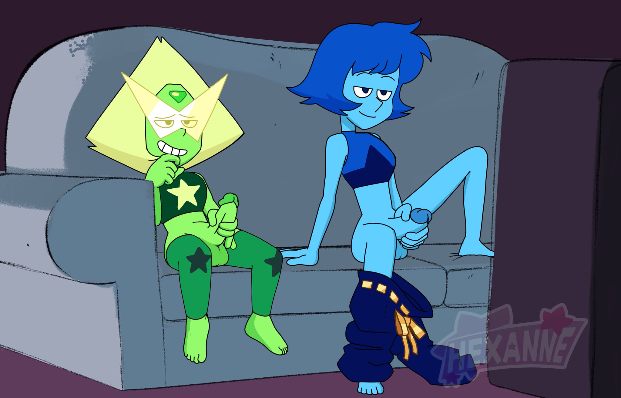 2dickgirls, 2futas, balls, blonde hair, blue hair, blue skin, bottomless, breasts, cartoon network, clothed, clothing, dickgirl, duo, electronics, erection, feet, futa only, futanari, gem (species), glasses, green skin, half-closed eyes, hexanne, humanoid, humanoid penis, intersex, lapis lazuli (steven universe), masturbation, mutual masturbation, open legs, partially clothed, penis, peridot (steven universe), sitting, smile, spread legs, steven universe, thighhighs, wanking