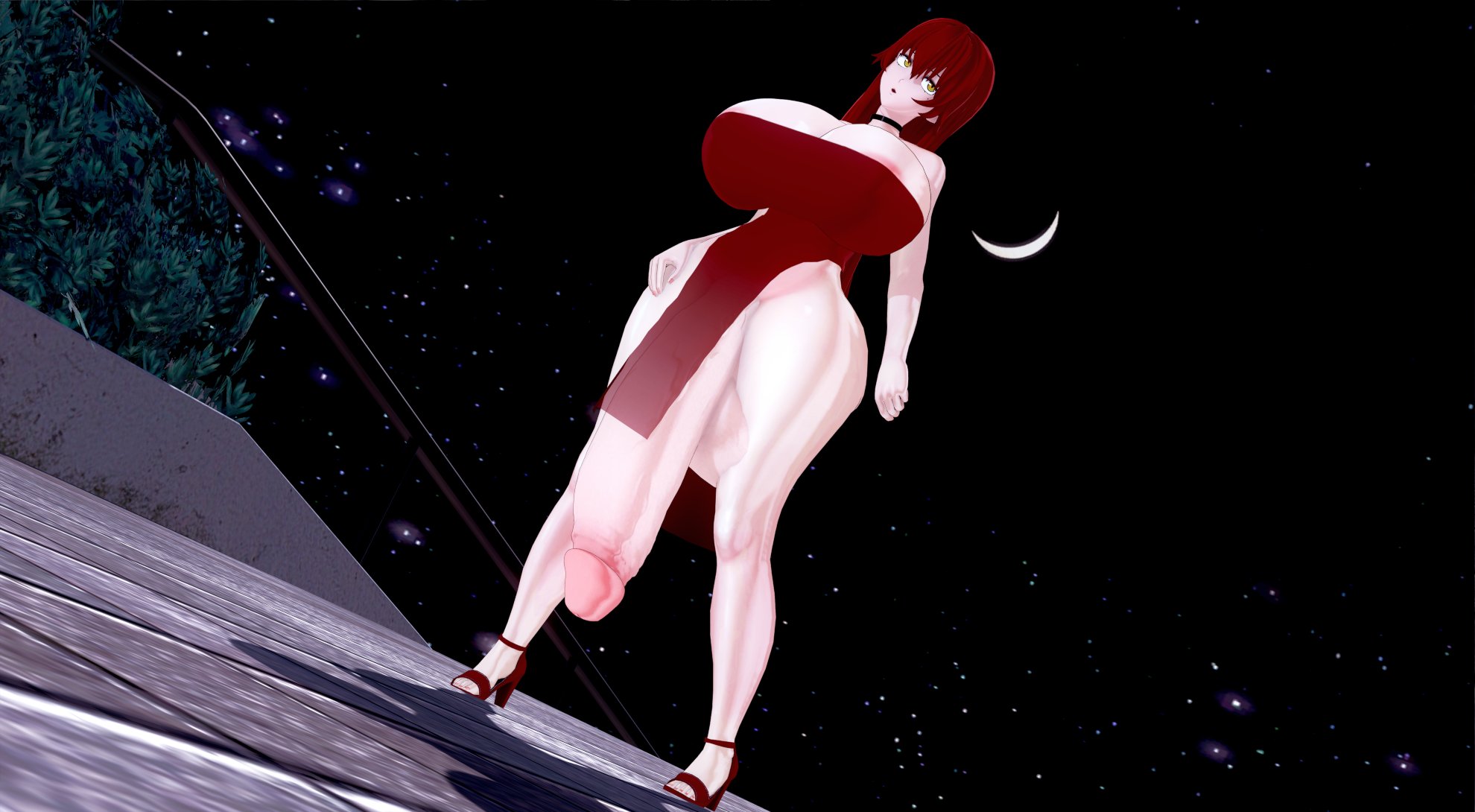 3d, areola slip, balls, big breasts, breasts, camtri, dress, futa only, futanari, huge balls, huge breasts, huge cock, intersex, koikatsu, no panties, outdoors, penis, red hair, wide hips, yellow eyes
