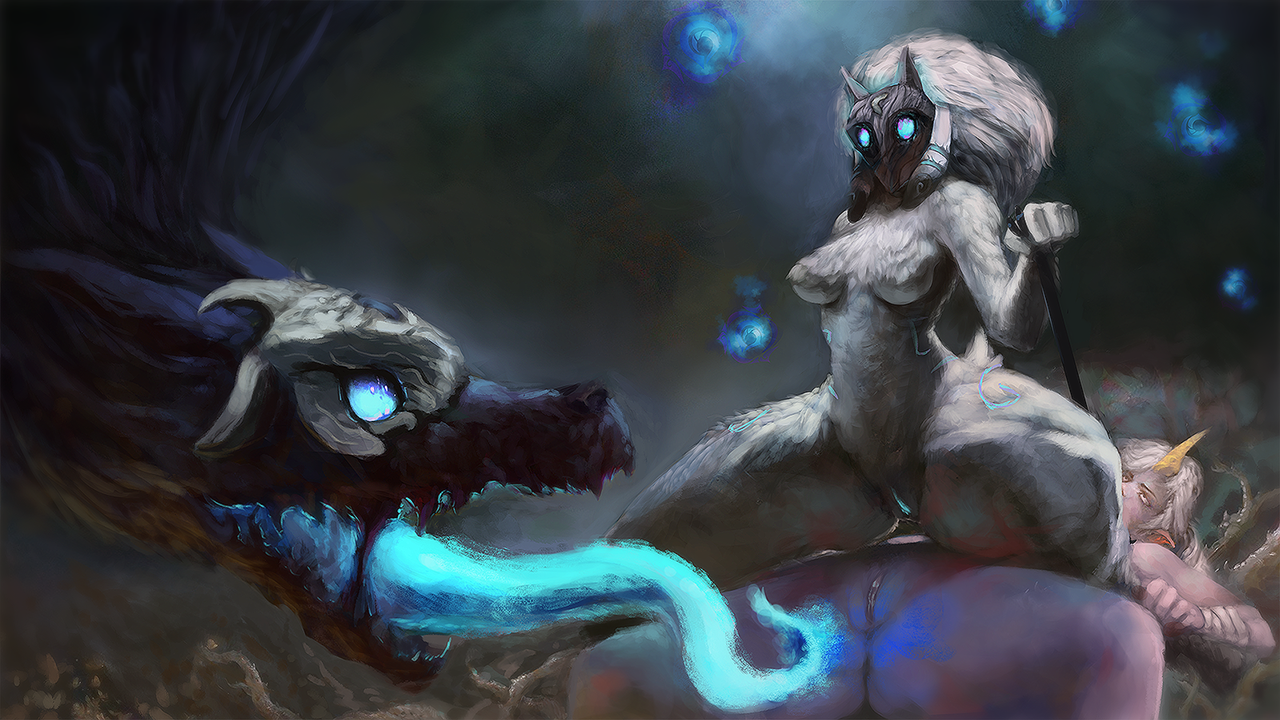 1boy, 2girls, anthro, black body, blue tongue, breasts, color, colored, digital art, digital painting (artwork), female, female focus, fur, furry, glowing eyes, glowing tongue, horn, kindred, lamb (league of legends), league of legends, male, mammal, mask, naked, nude, on back, purple body, purple skin, pussy, soraka, squatting, thick thighs, thighs, tongue, tongue out, white body, white fur, wolf (league of legends)